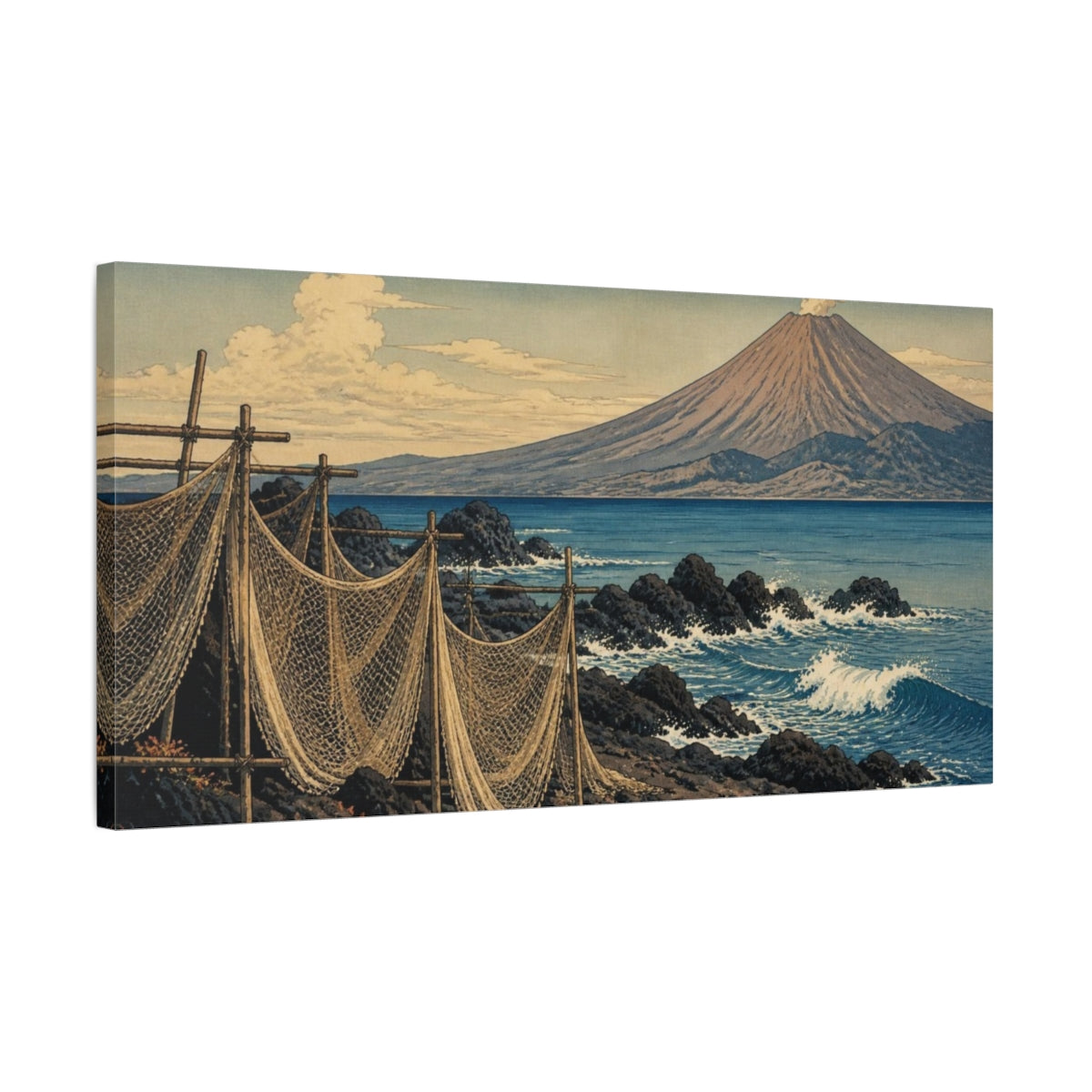Side Mockup 1. Japanese Volcanic Coastline Nets shown as canvas print