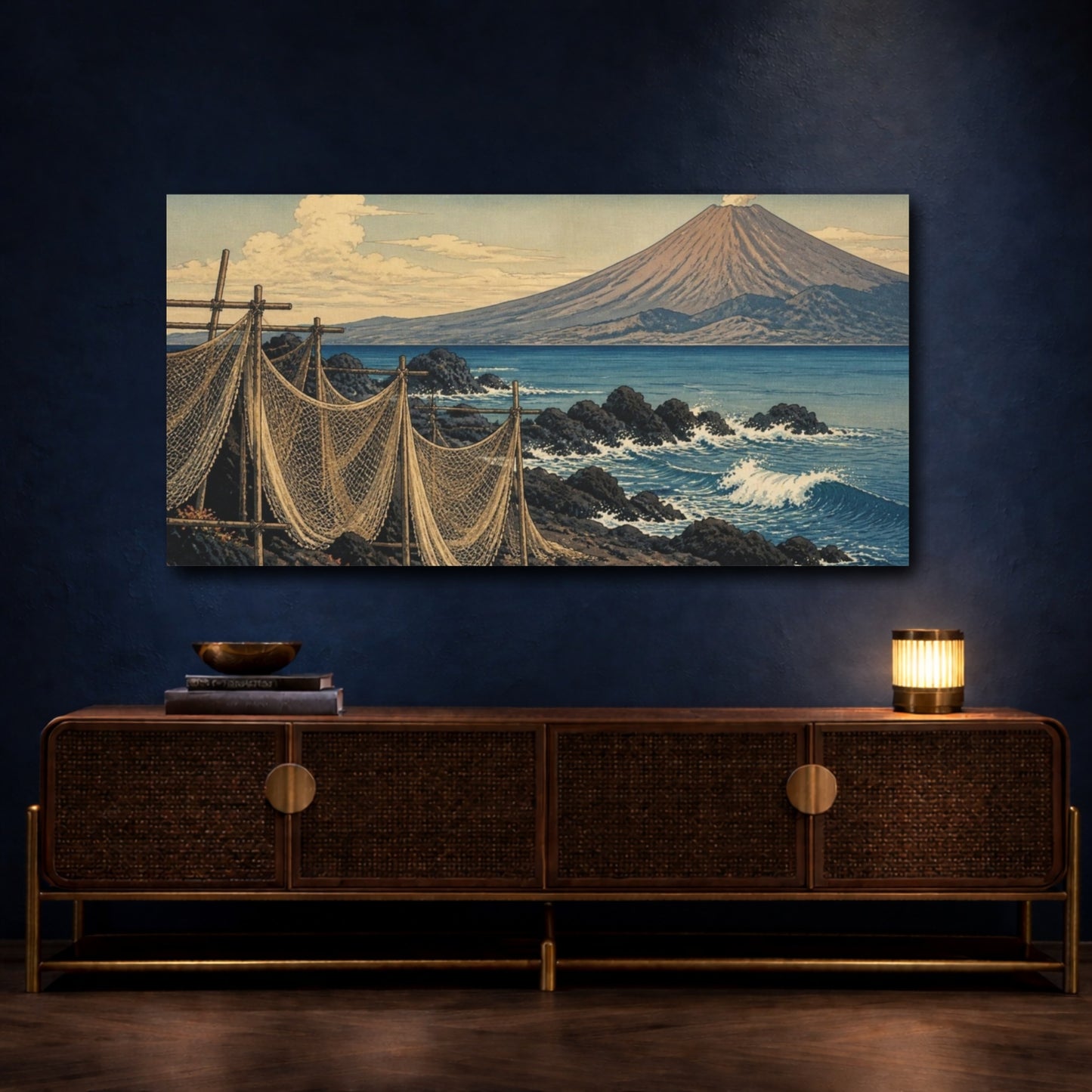 Mockup 4. Japanese Volcanic Coastline Nets shown as canvas print