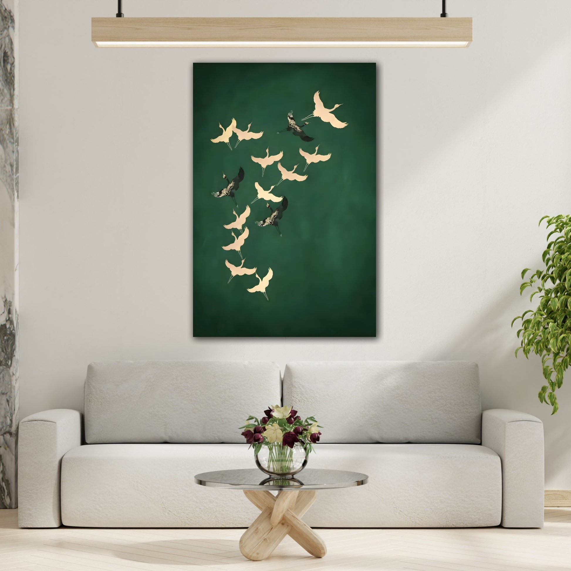 Japanese Wall Art Cranes Birds Canvas Print - Green Gold Emerald Eclectic Home Decor