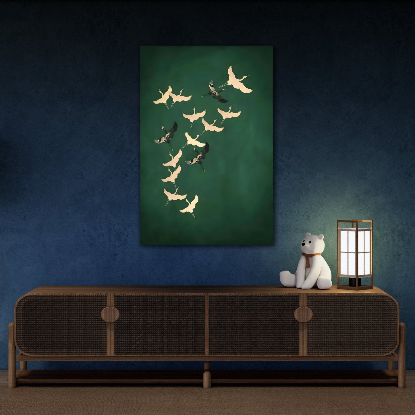 Japanese Wall Art Cranes Birds Canvas Print - Green Gold Emerald Eclectic Home Decor