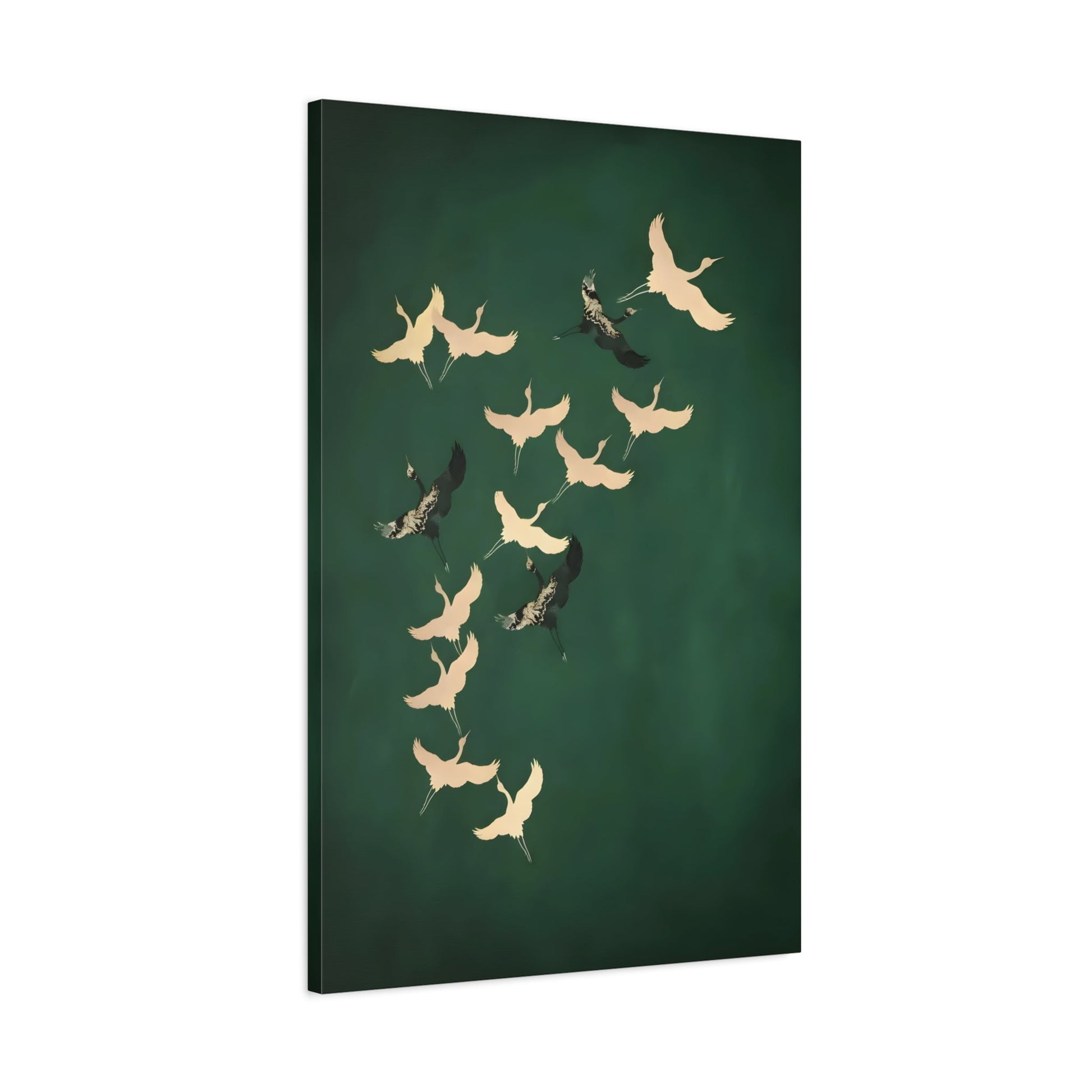 Japanese Wall Art Cranes Birds Canvas Print - Green Gold Emerald Eclectic Home Decor