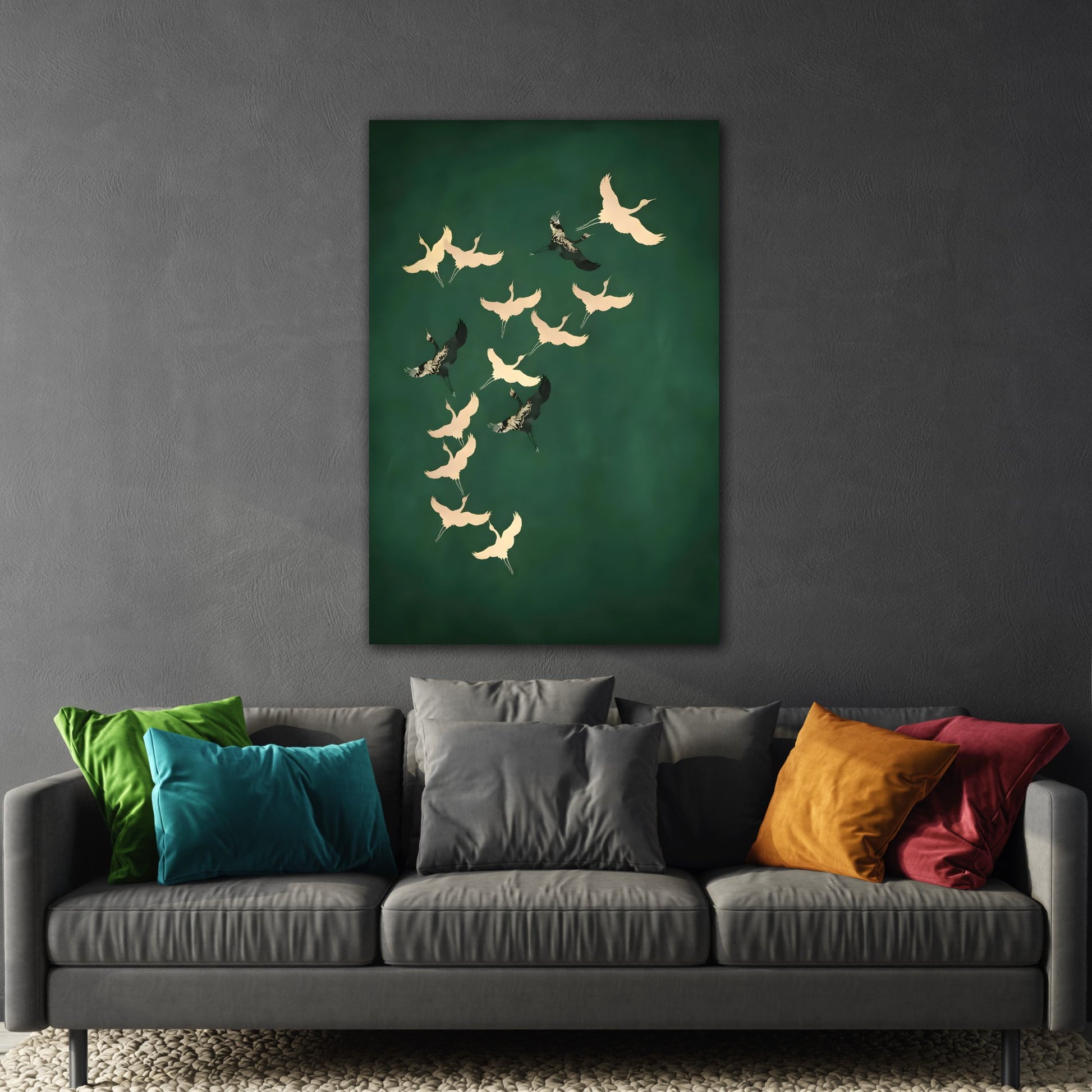 Japanese Wall Art Cranes Birds Canvas Print - Green Gold Emerald Eclectic Home Decor