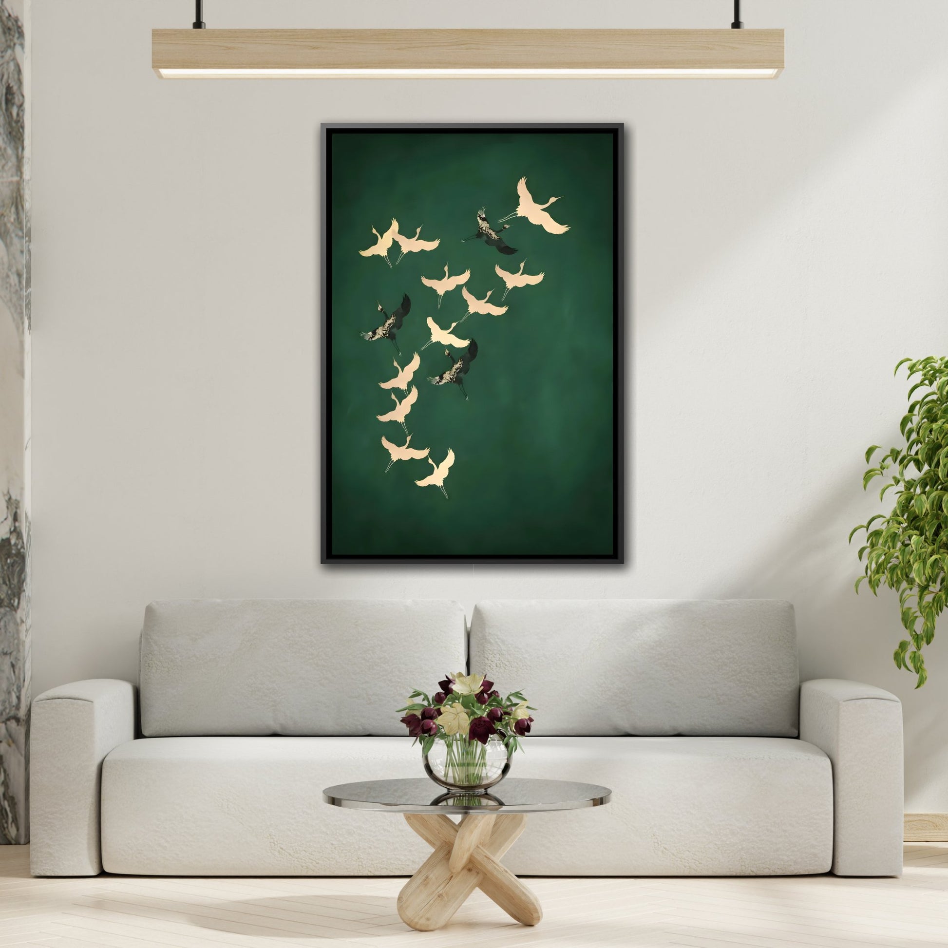 Japanese Wall Art Cranes Birds Canvas Print - Green Gold Emerald Eclectic Living Room Decor in Black Frame