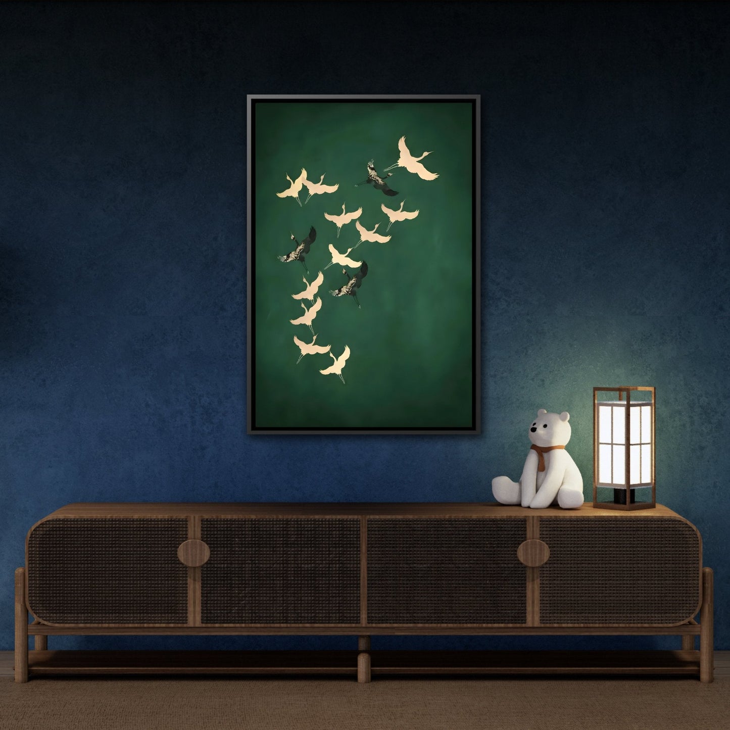 Japanese Wall Art Cranes Birds Canvas Print - Green Gold Emerald Eclectic Living Room Decor in Black Frame