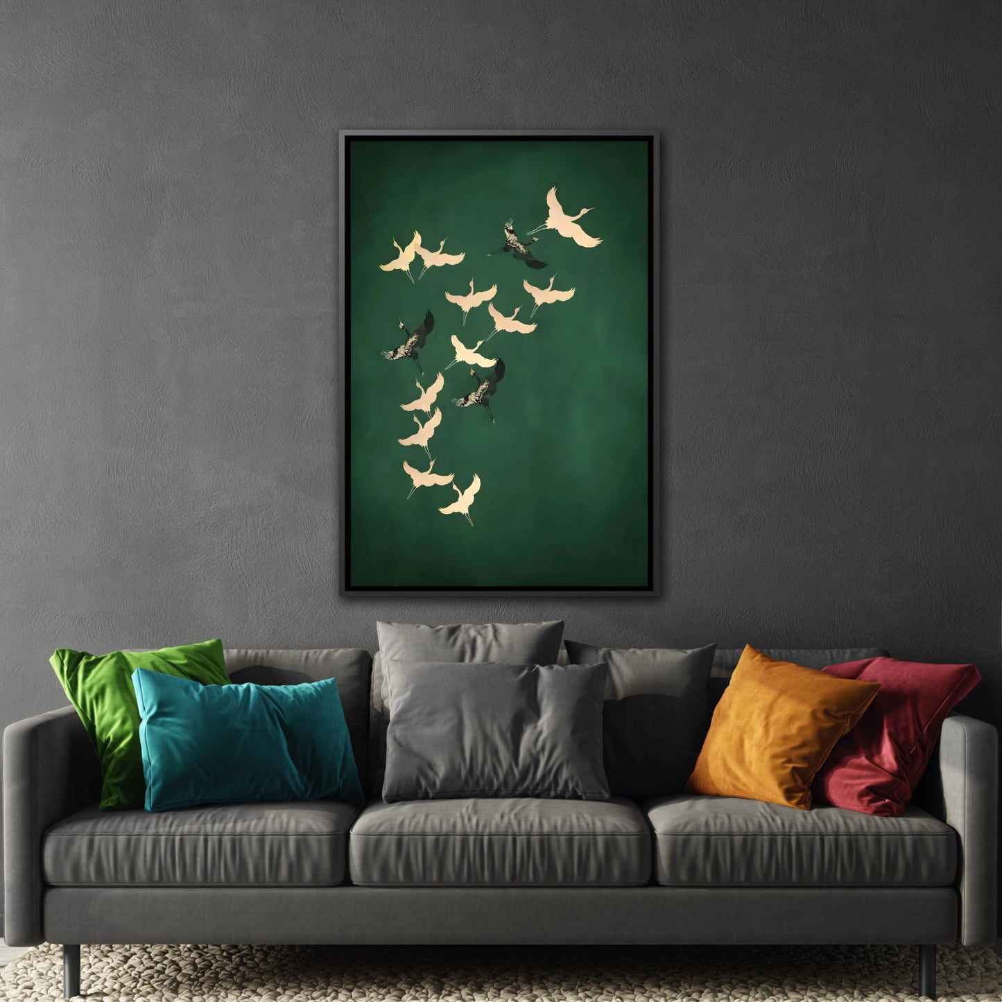 Japanese Wall Art Cranes Birds Canvas Print - Green Gold Emerald Eclectic Living Room Decor in Black Frame