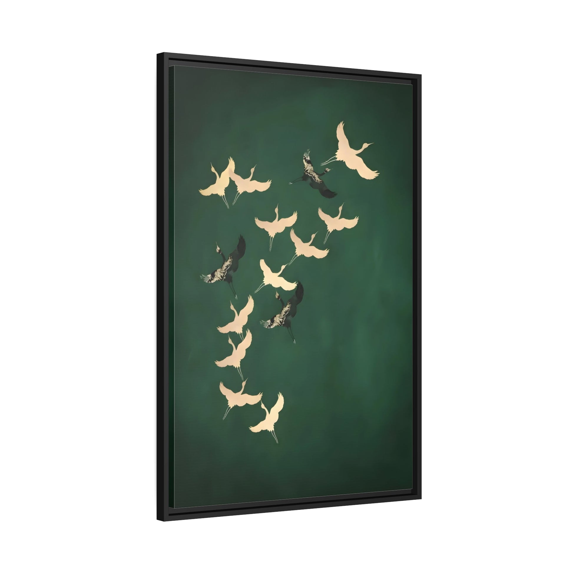 Japanese Wall Art Cranes Birds Canvas Print - Green Gold Emerald Eclectic Living Room Decor in Black Frame