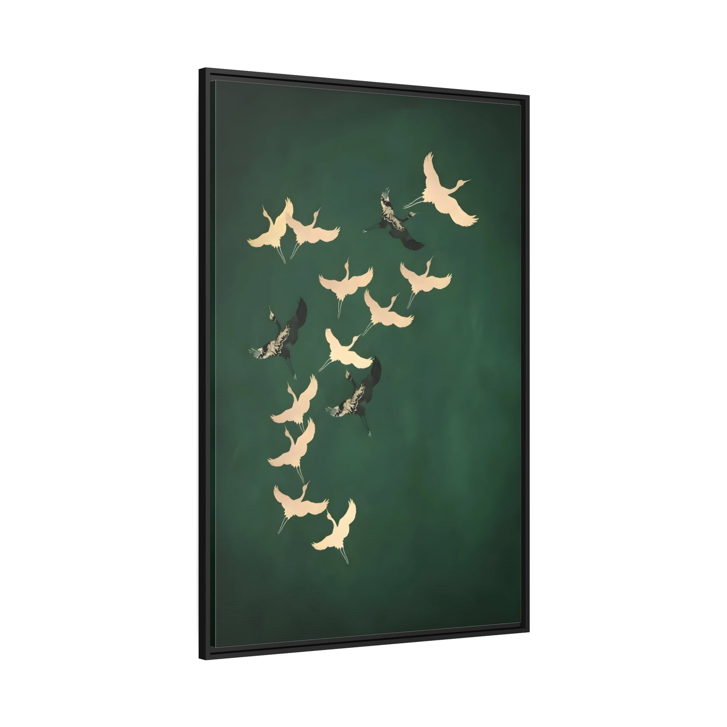 Japanese Wall Art Cranes Birds Canvas Print - Green Gold Emerald Eclectic Living Room Decor in Black Frame