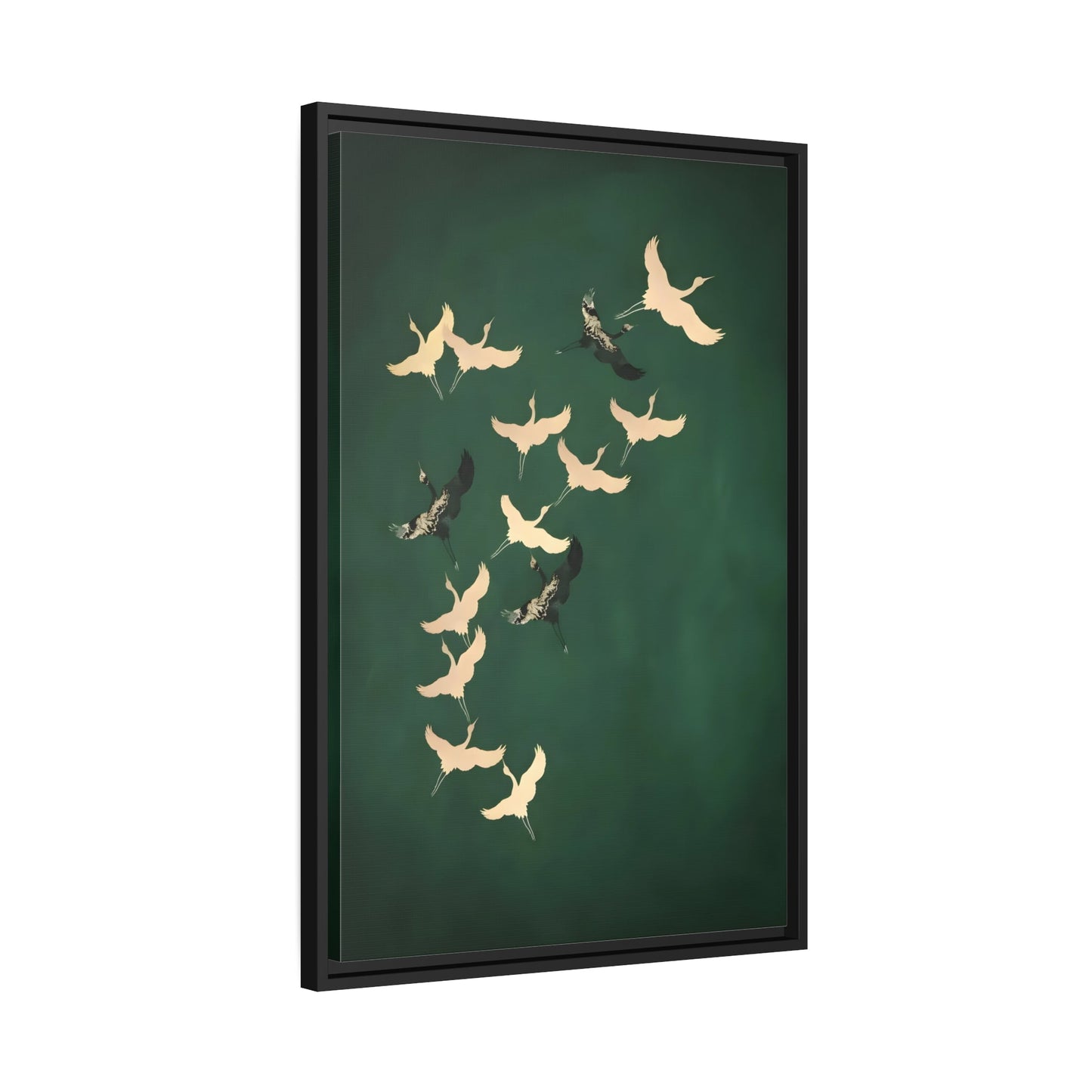 Japanese Wall Art Cranes Birds Canvas Print - Green Gold Emerald Eclectic Living Room Decor in Black Frame