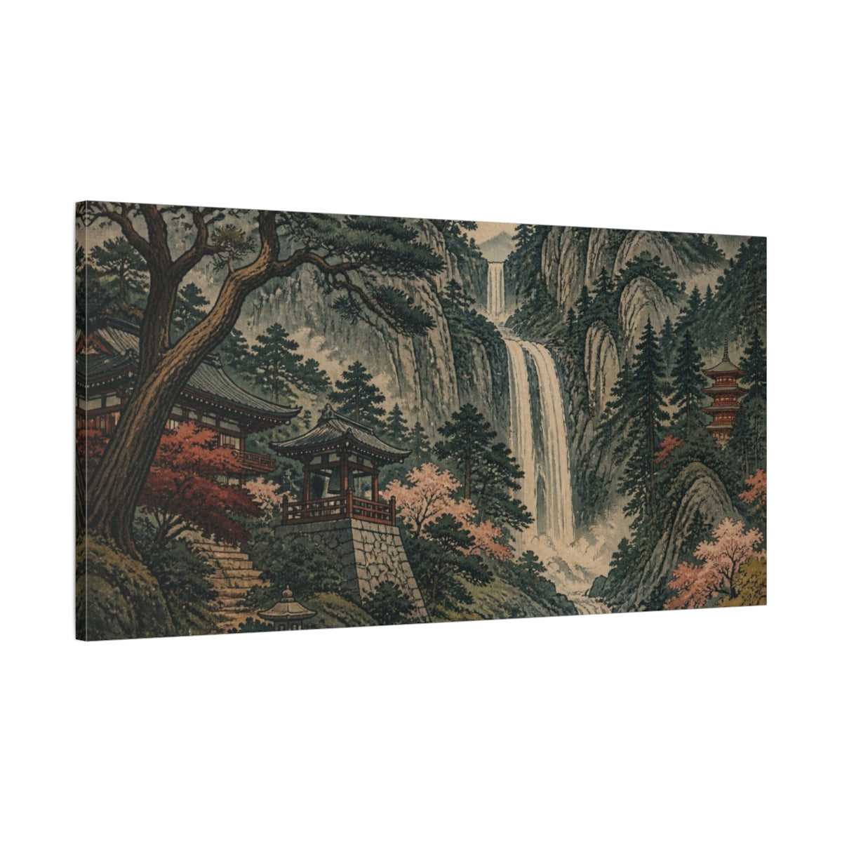 Main Mockup. Japanese Waterfall Temple shown as canvas print