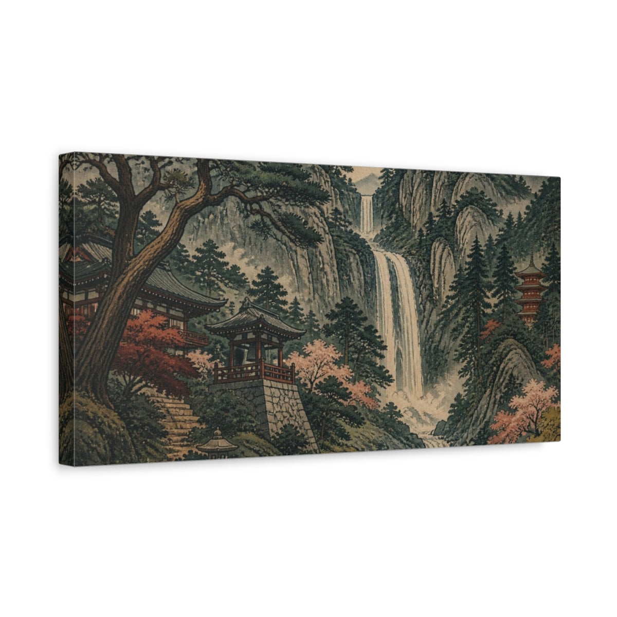 Side Mockup 3. Japanese Waterfall Temple shown as canvas print