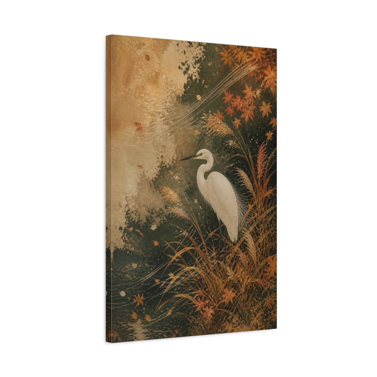 Side Mockup 2. Japanese White Egret shown as canvas print
