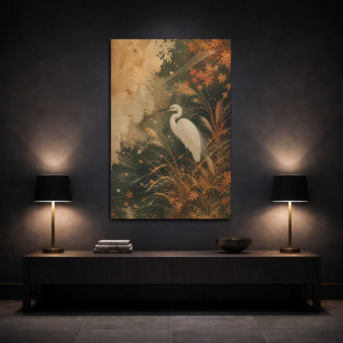 Mockup 3. Japanese White Egret shown as canvas print