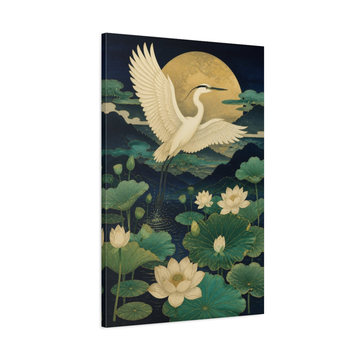 Main Mockup. Japanese White Heron Over Lotus shown as canvas print