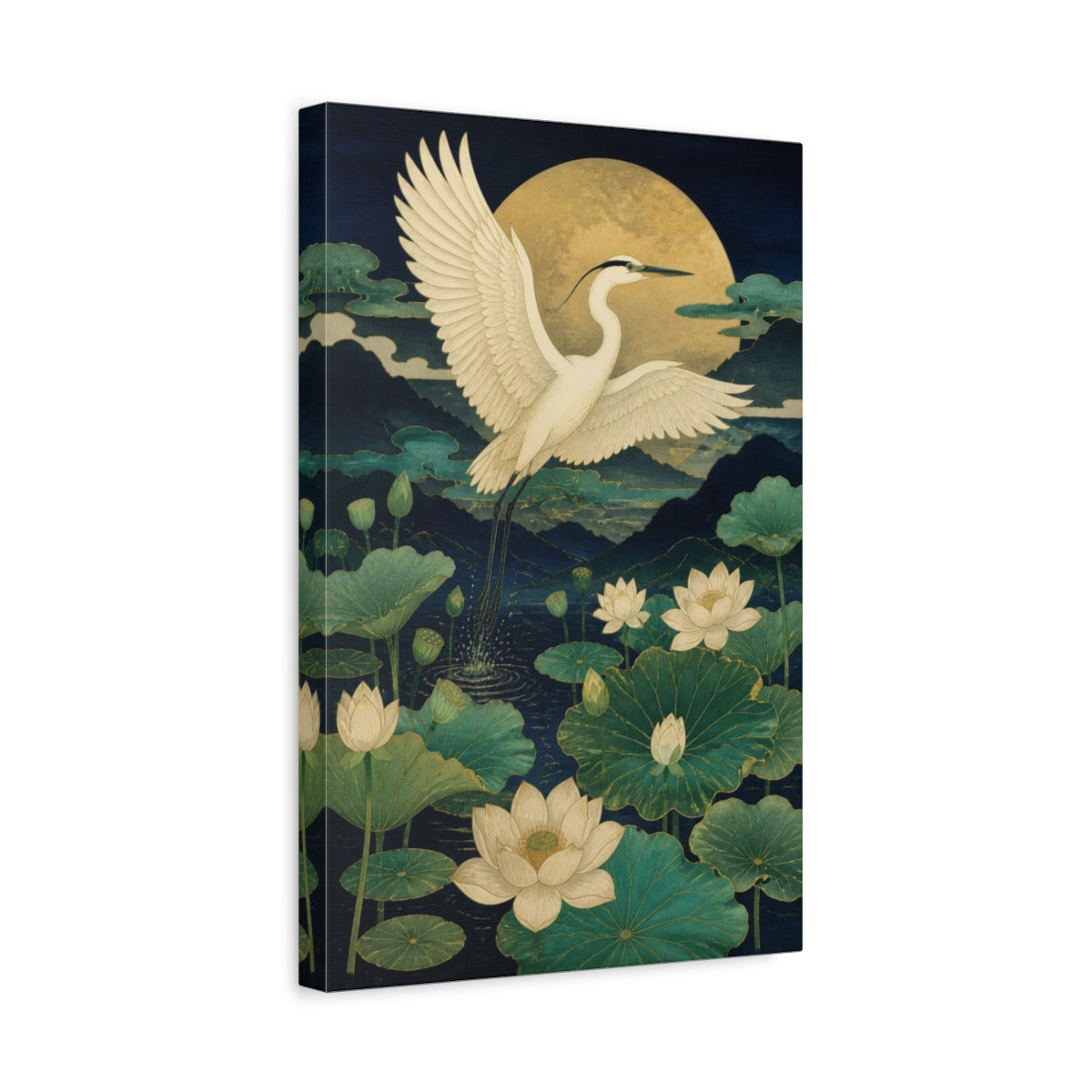 Side Mockup 4. Japanese White Heron Over Lotus shown as canvas print