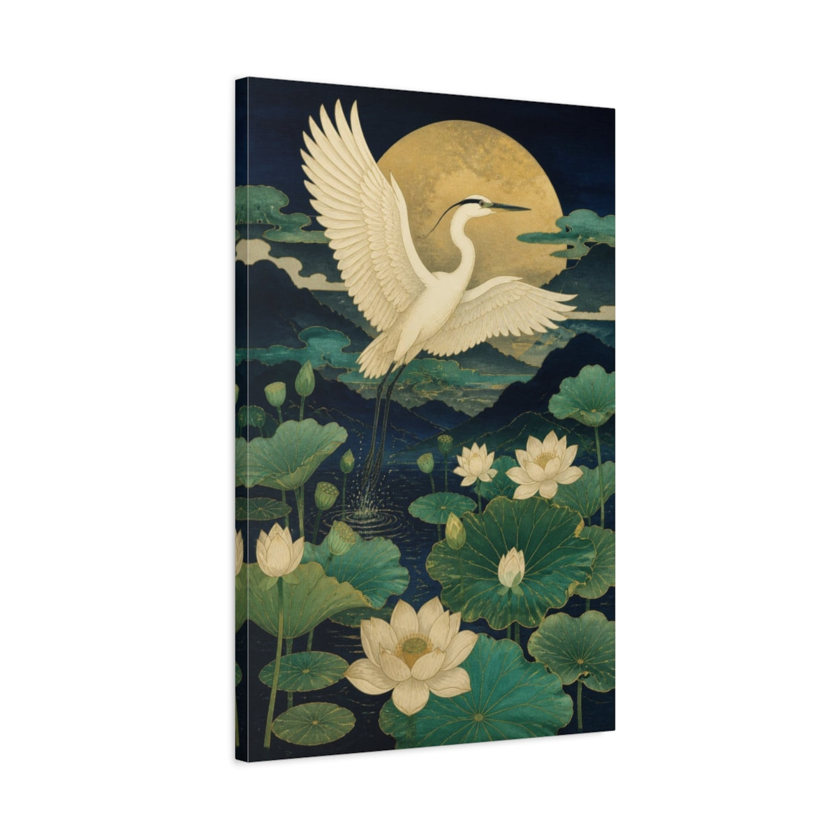 Side Mockup 2. Japanese White Heron Over Lotus shown as canvas print