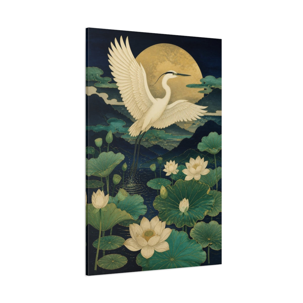 Side Mockup 1. Japanese White Heron Over Lotus shown as canvas print