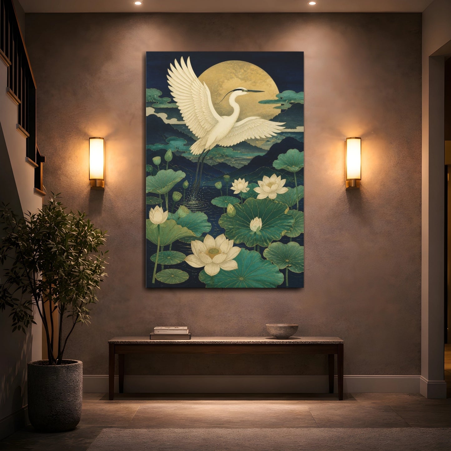 Mockup 2. Japanese White Heron Over Lotus shown as canvas print