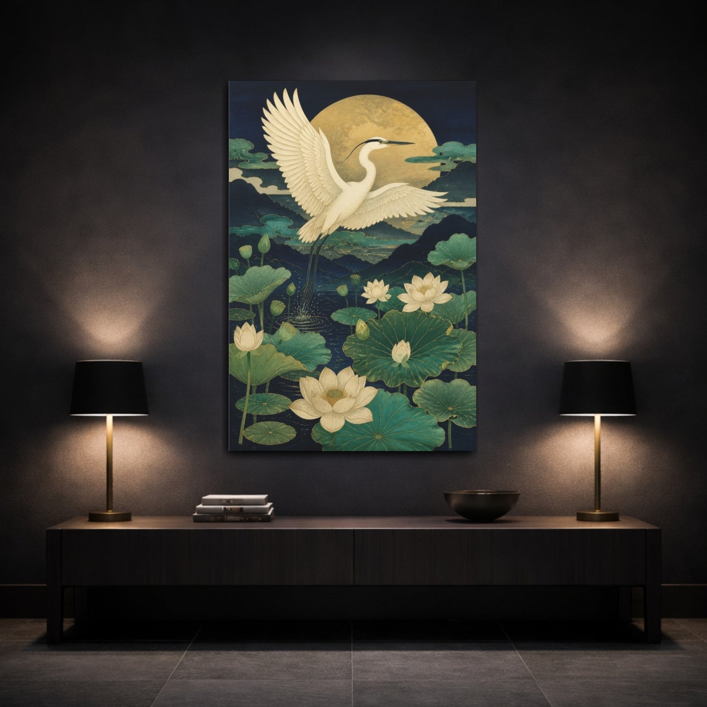 Mockup 3. Japanese White Heron Over Lotus shown as canvas print
