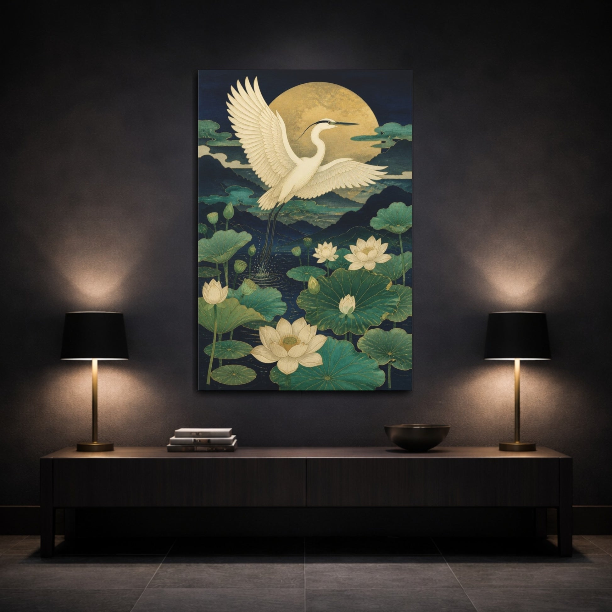 Mockup 3. Japanese White Heron Over Lotus shown as canvas print