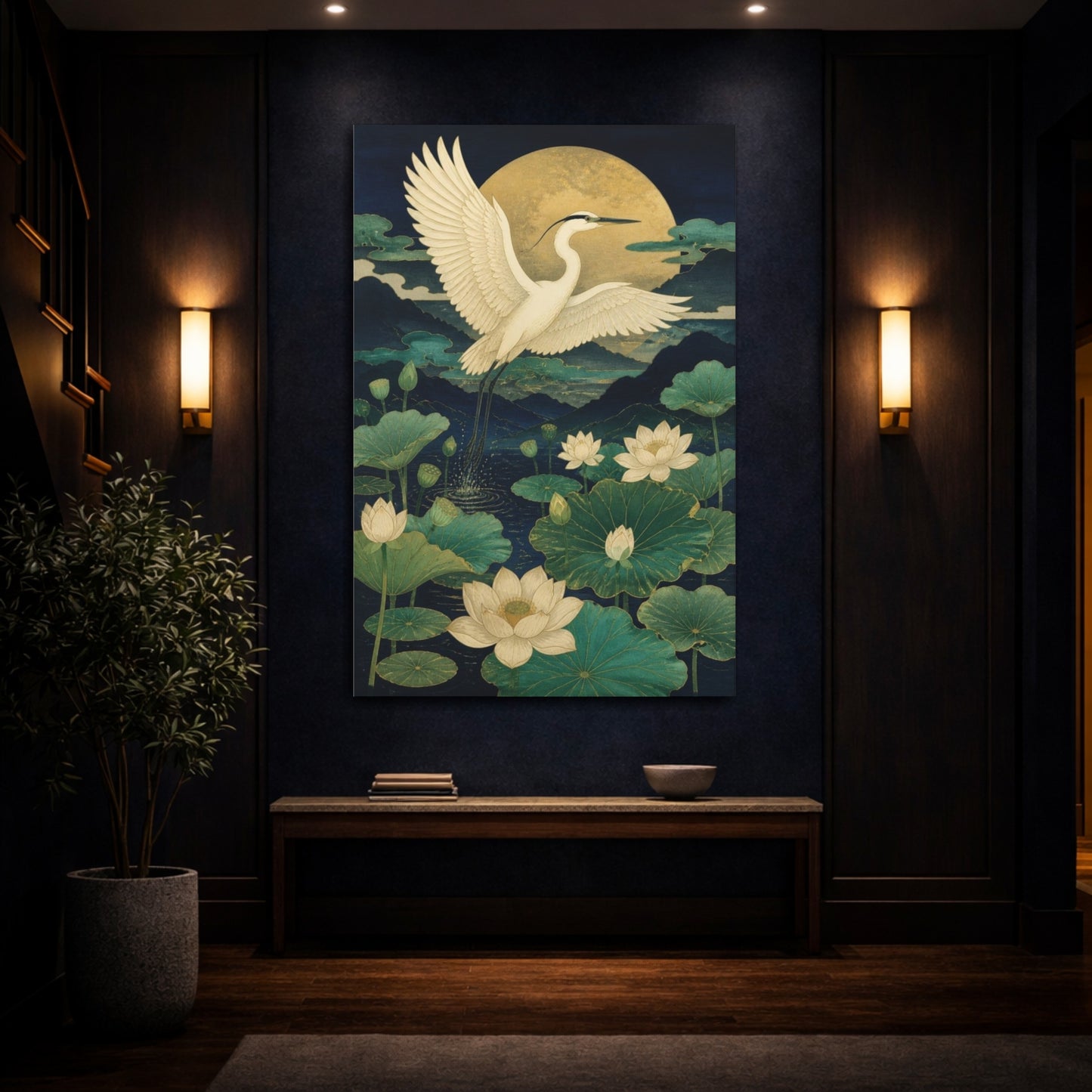 Mockup 4. Japanese White Heron Over Lotus shown as canvas print