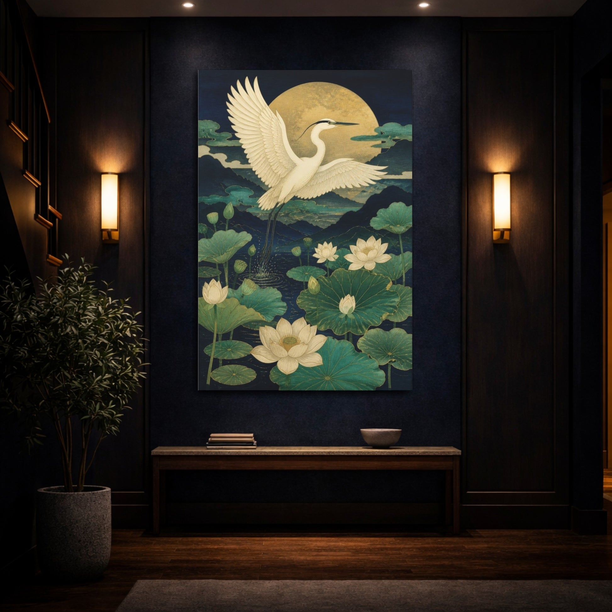 Mockup 4. Japanese White Heron Over Lotus shown as canvas print