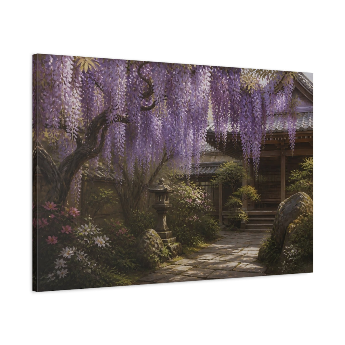 Main Mockup. Japanese Wisteria Garden Path shown as canvas print