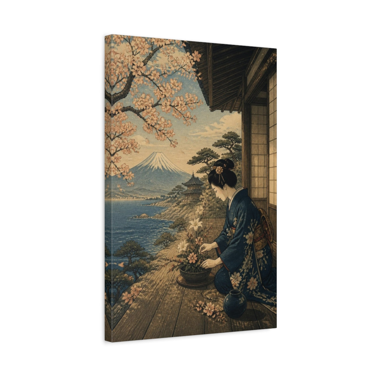 Side Mockup 3. Japanese Woman Arranging Flowers shown as canvas print