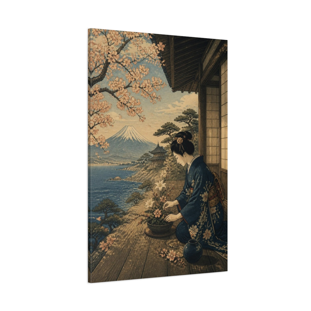 Side Mockup 1. Japanese Woman Arranging Flowers shown as canvas print