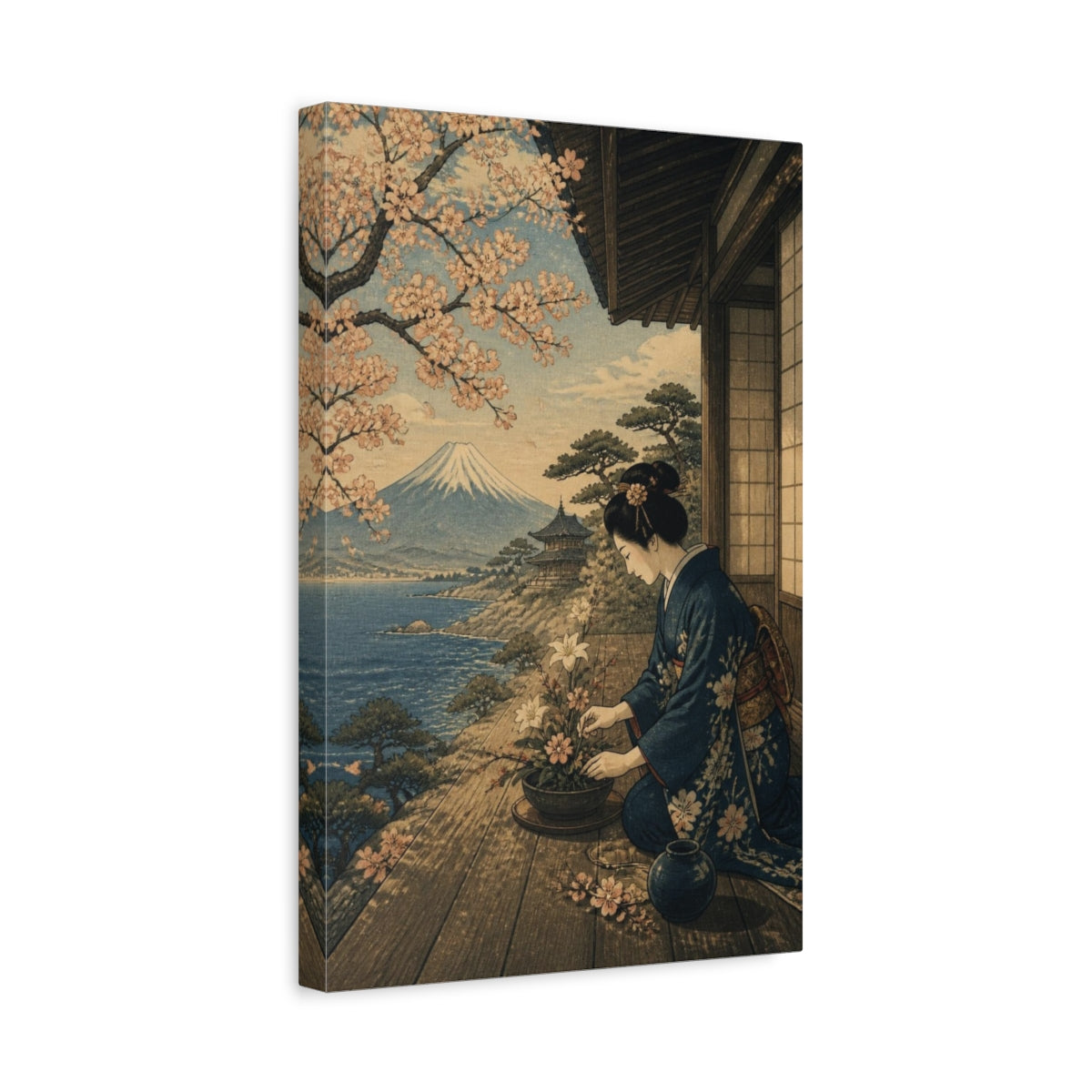 Side Mockup 4. Japanese Woman Arranging Flowers shown as canvas print