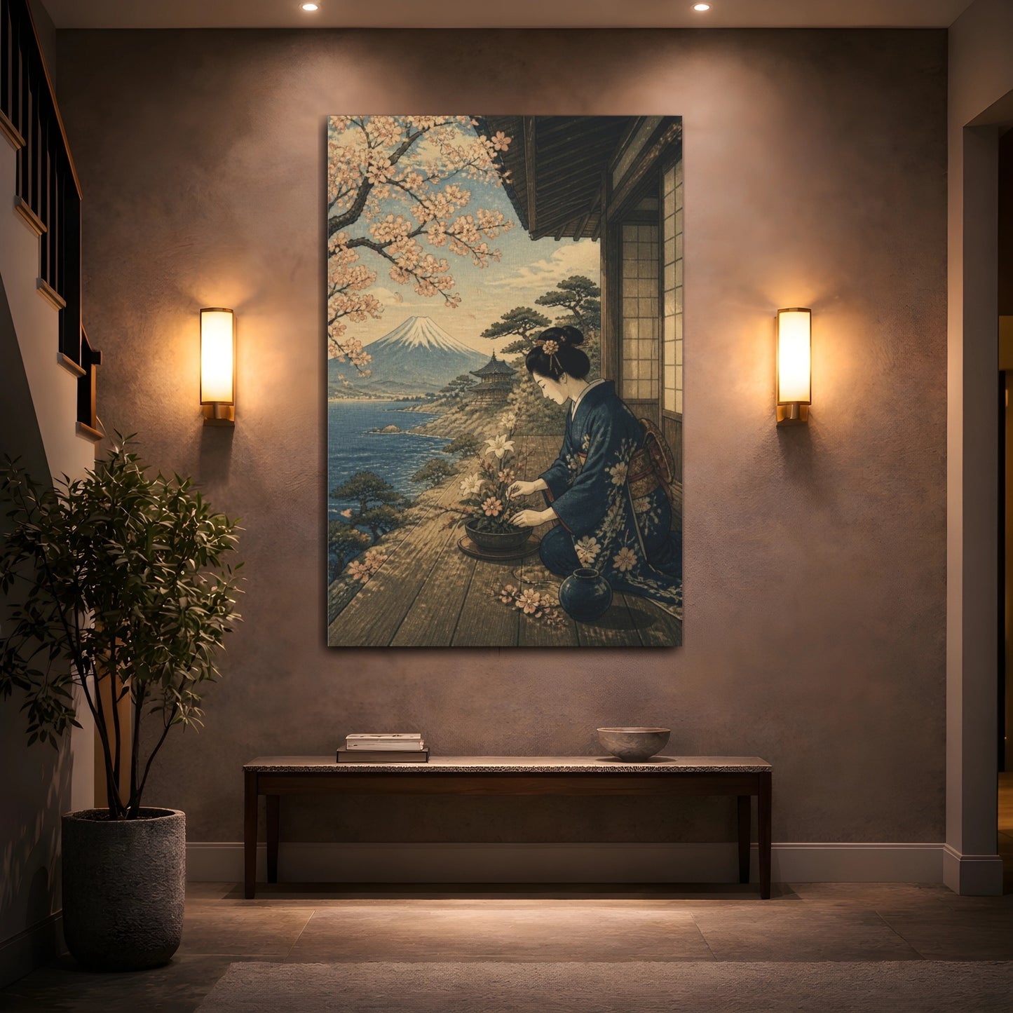 Mockup 2. Japanese Woman Arranging Flowers shown as canvas print