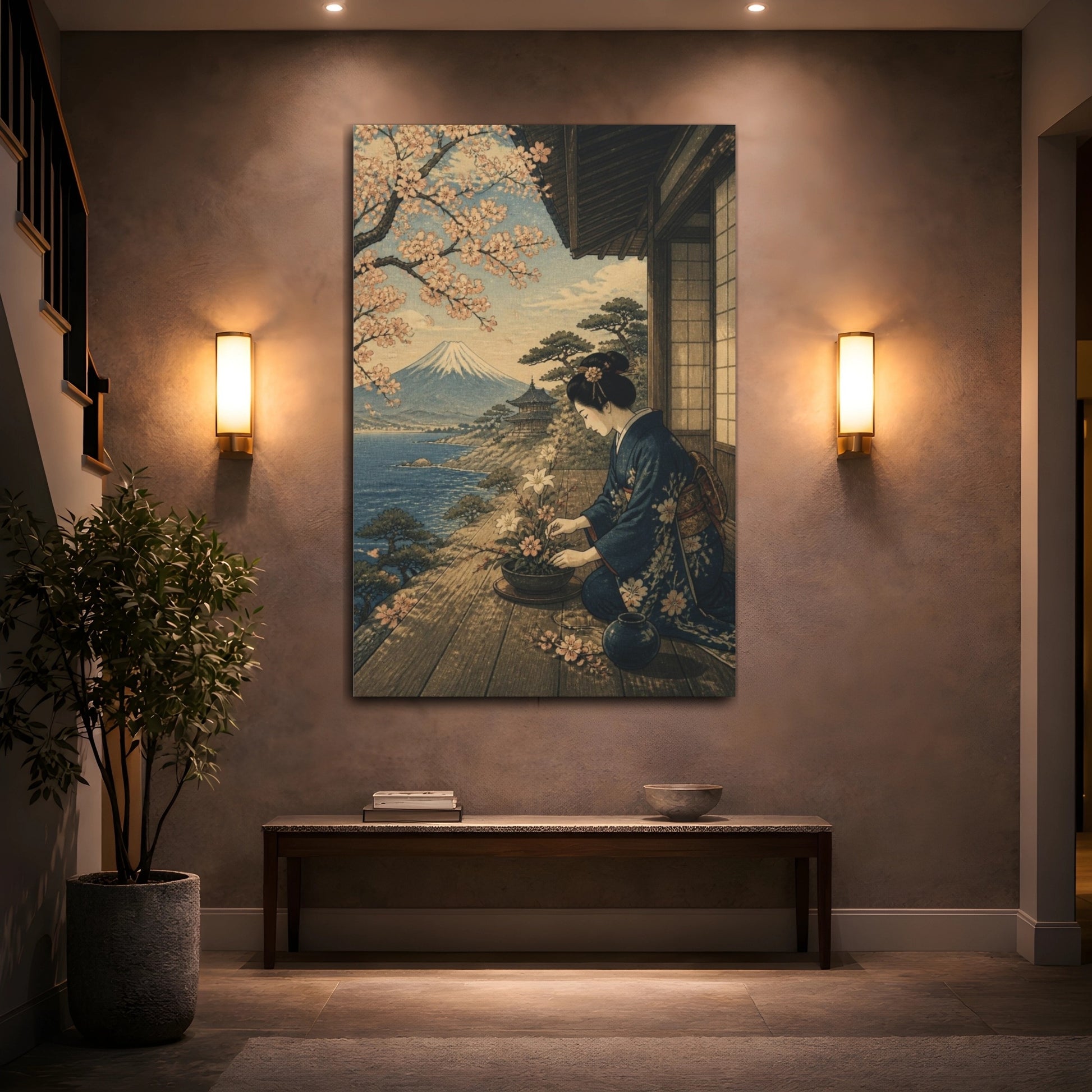 Mockup 2. Japanese Woman Arranging Flowers shown as canvas print