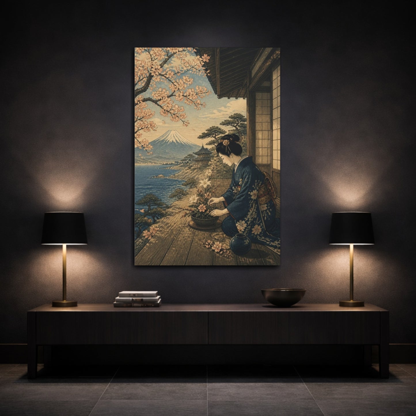 Mockup 3. Japanese Woman Arranging Flowers shown as canvas print
