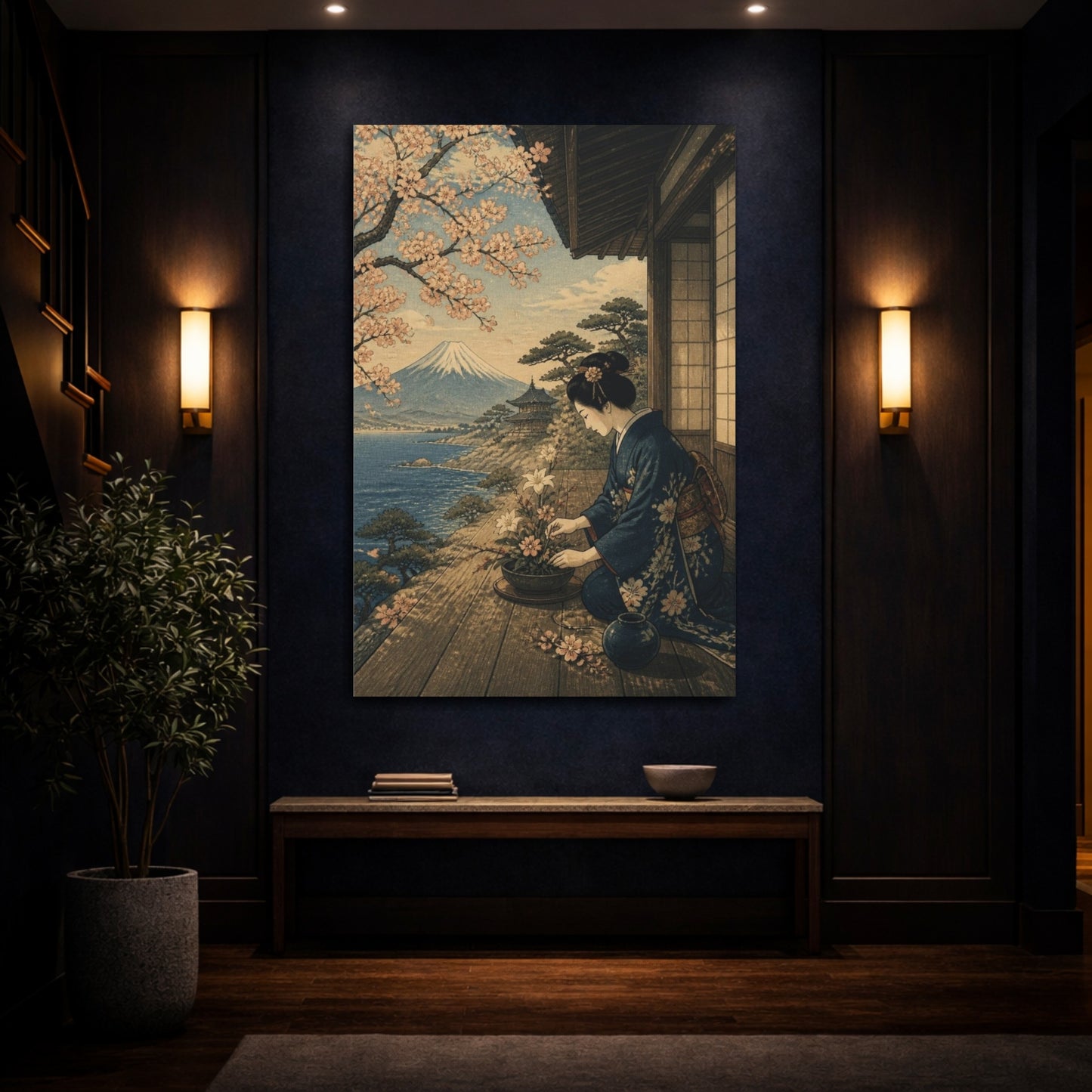 Mockup 4. Japanese Woman Arranging Flowers shown as canvas print