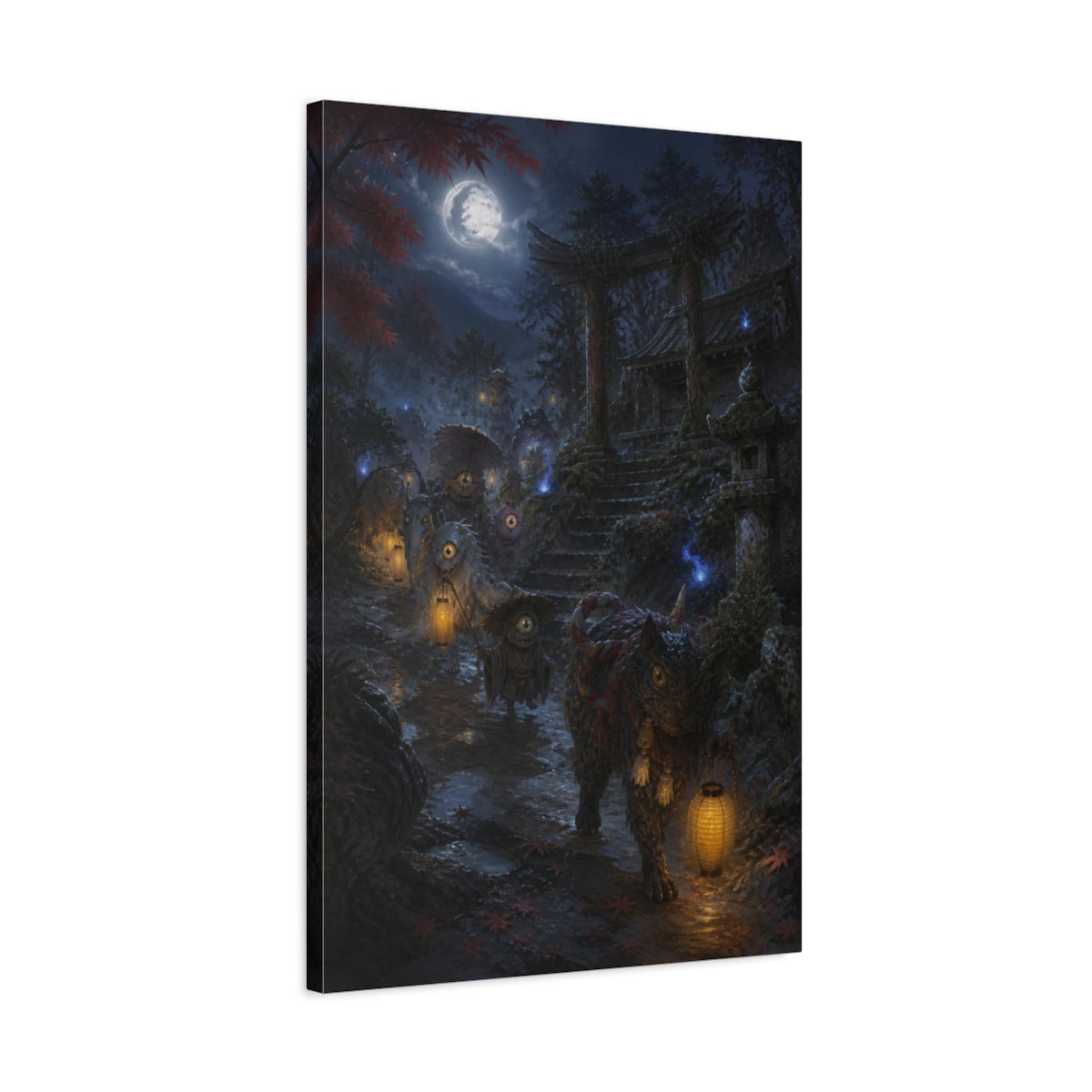 Side Mockup 2. Japanese Yokai Lantern Procession shown as canvas print