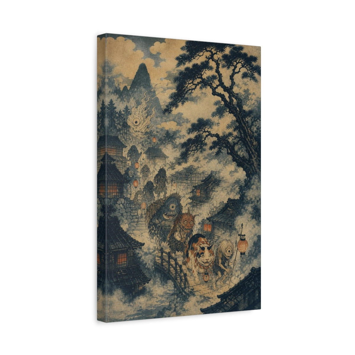 Side Mockup 4. Japanese Yokai Procession shown as canvas print