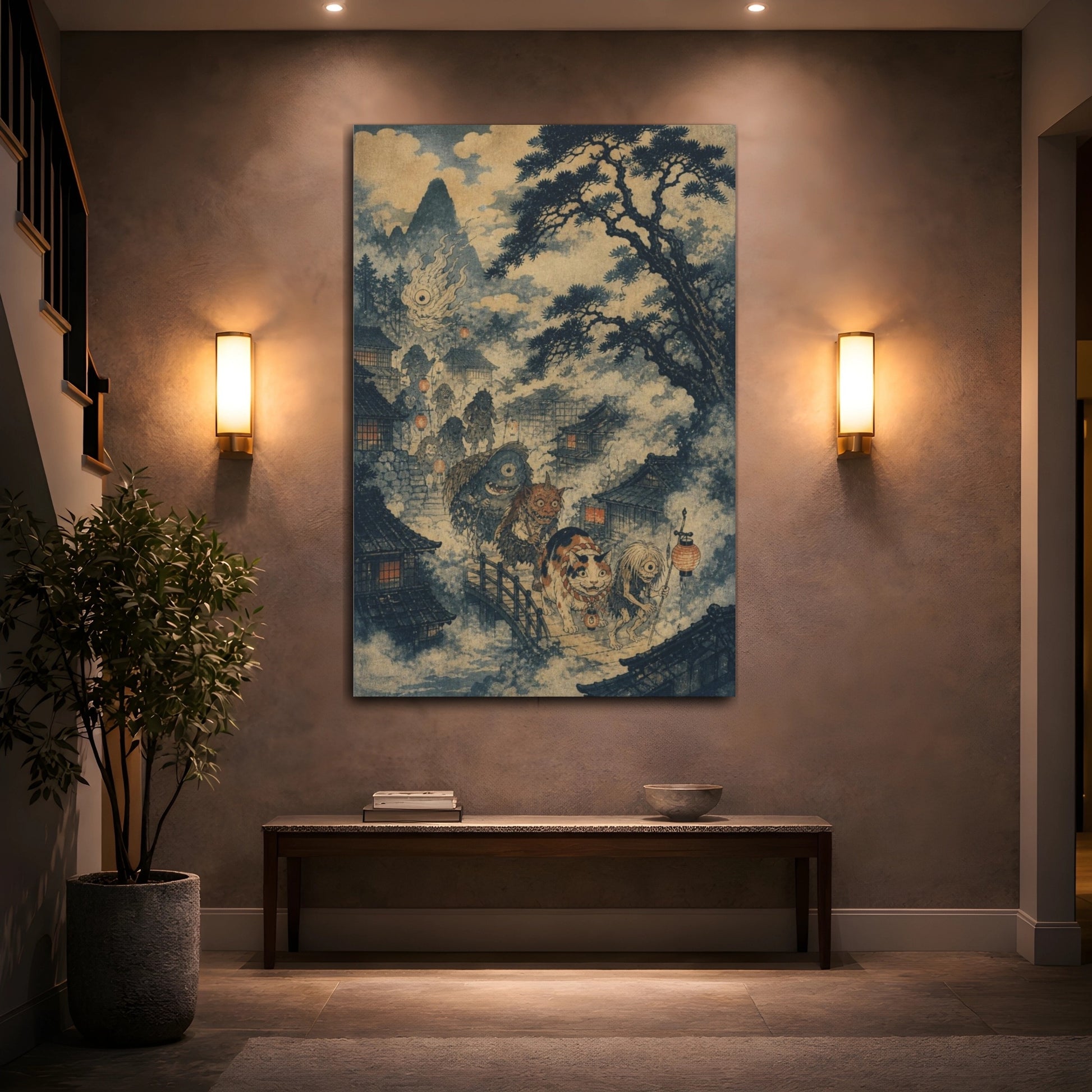 Mockup 2. Japanese Yokai Procession shown as canvas print