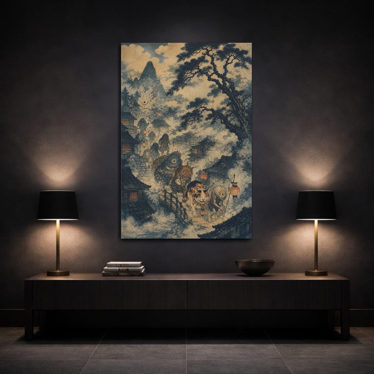 Mockup 3. Japanese Yokai Procession shown as canvas print