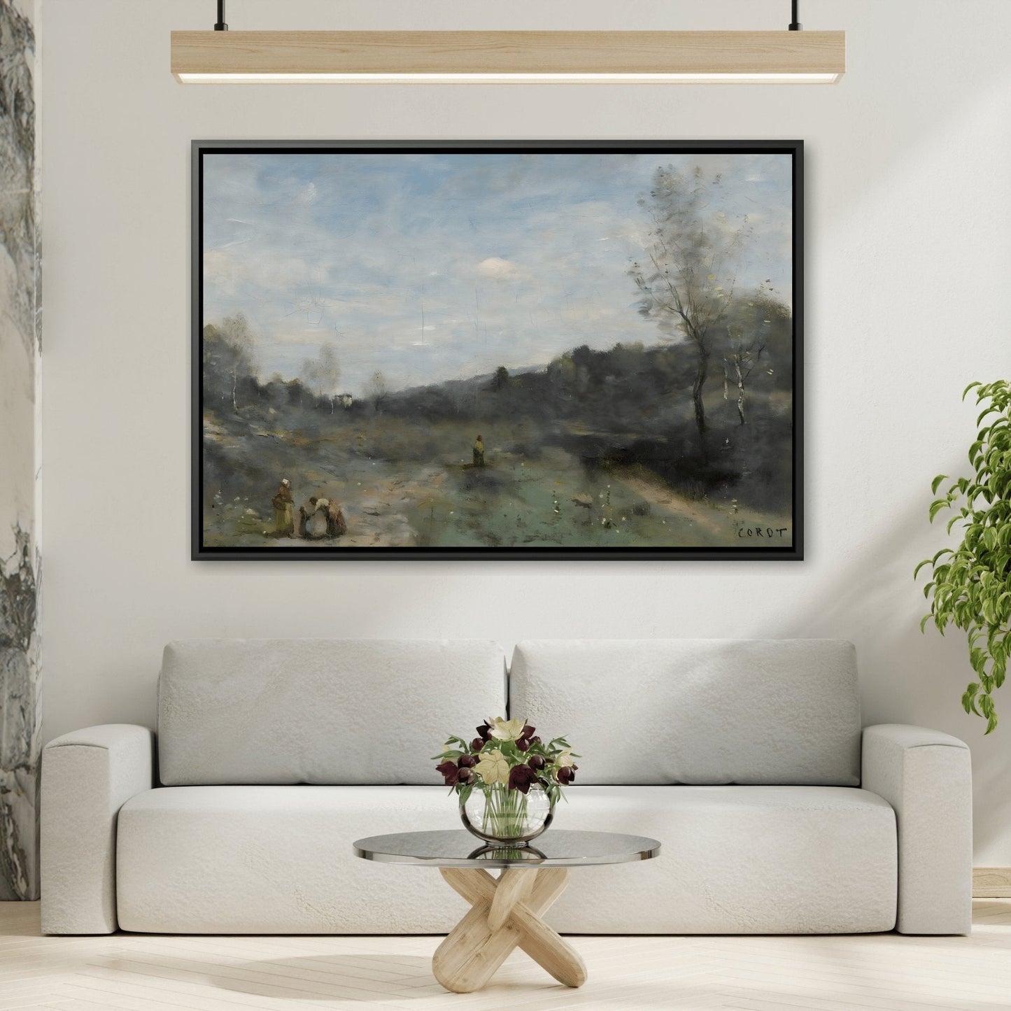 Jean Baptiste Camille Corot Cleared Valley Landscape - Framed Nature Canvas Wall Art Print in Black Frame