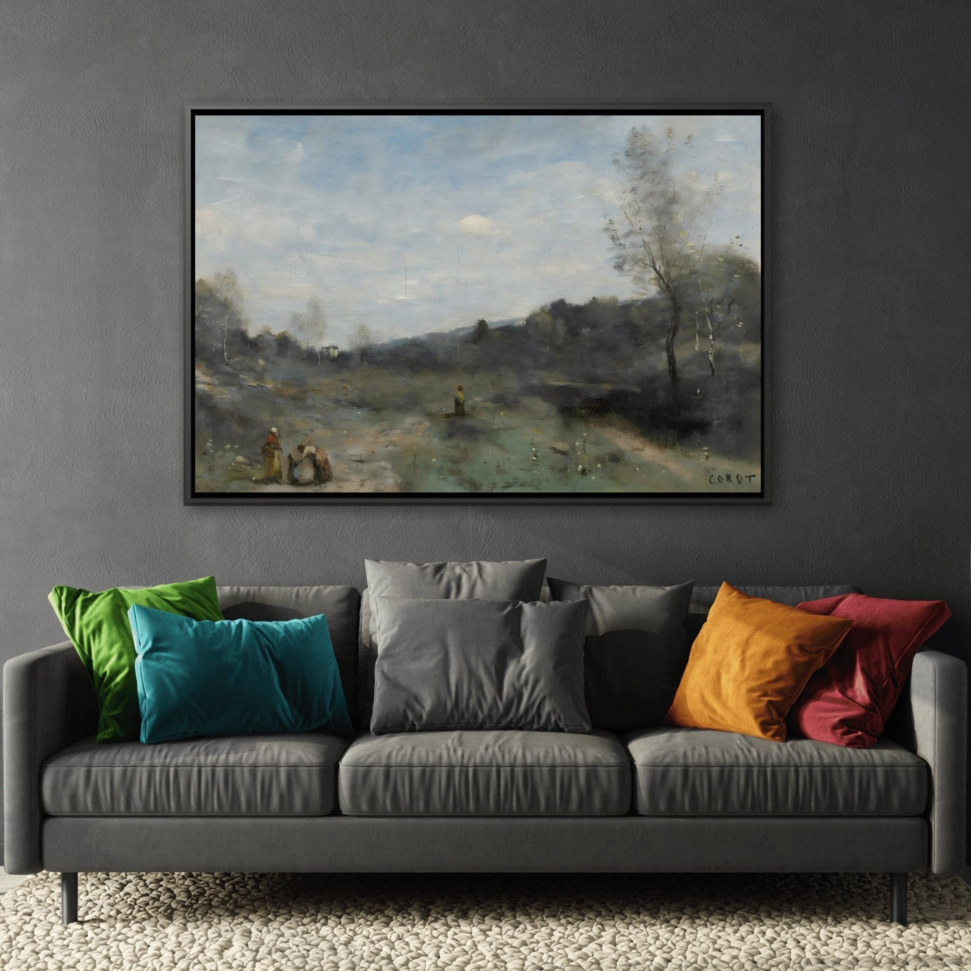 Jean Baptiste Camille Corot Cleared Valley Landscape - Framed Nature Canvas Wall Art Print in Black Frame