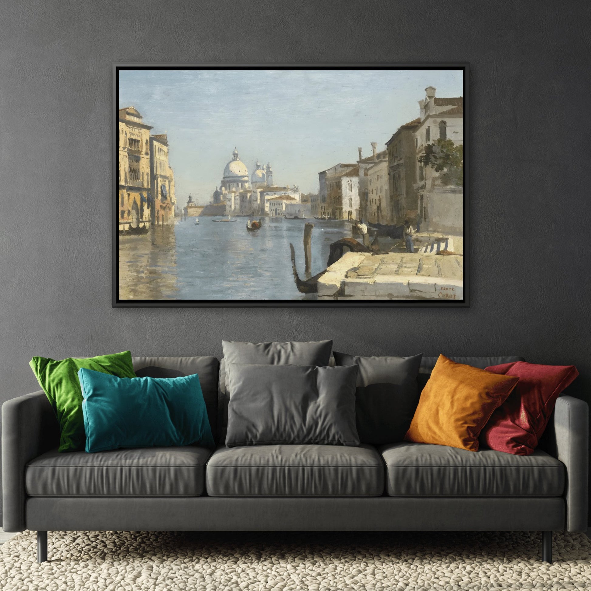 Jean Baptiste Camille Corot Venice Landscape - Framed Canvas Wall Art Print in Black Frame