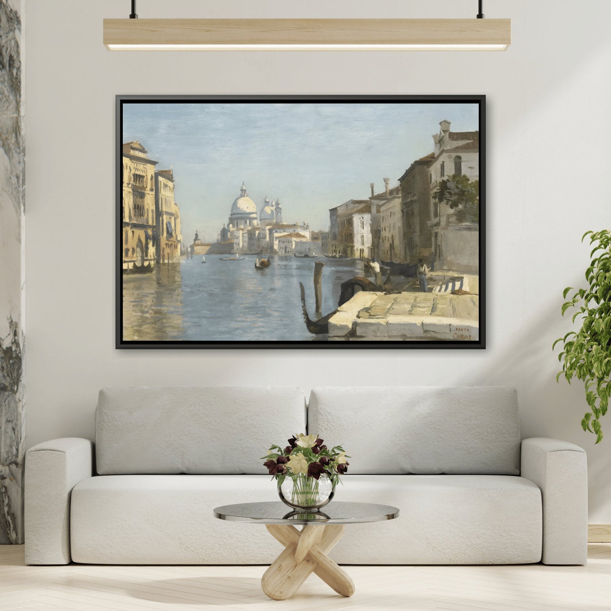 Jean Baptiste Camille Corot Venice Landscape - Framed Canvas Wall Art Print in Black Frame