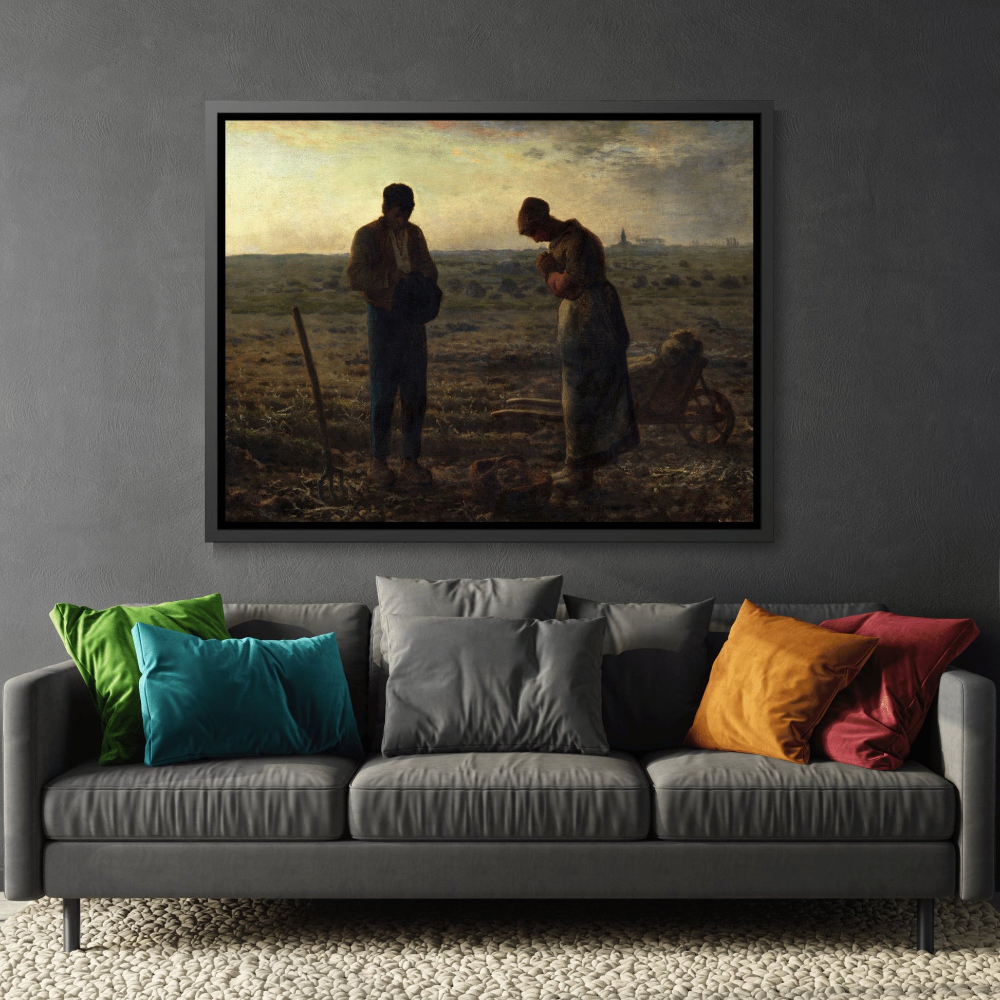 Jean Francois Millet Angelus - Framed Canvas Wall Art Print in Black Pinewood Frame