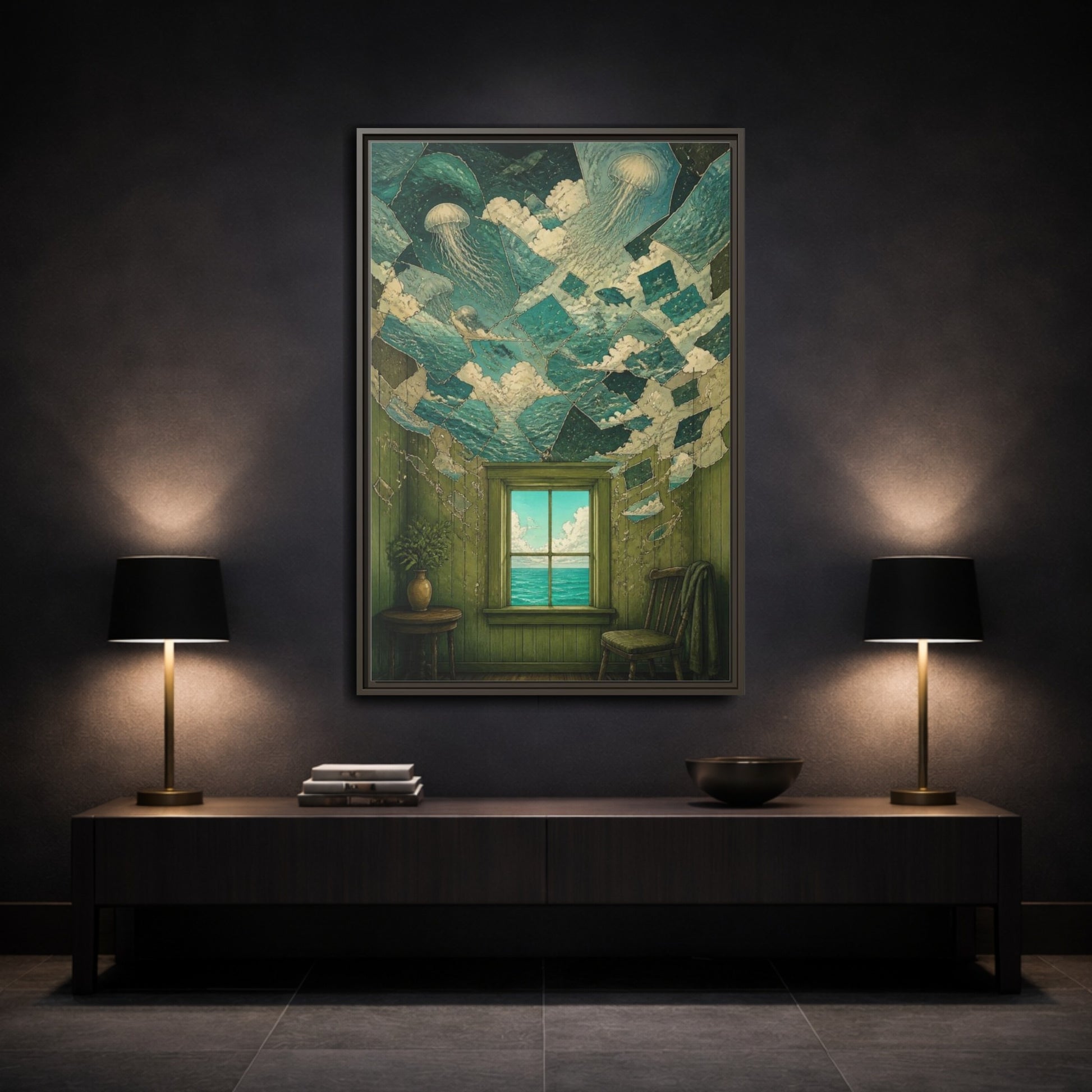 Mockup 3. Jellyfish Ceiling Illusion shown as framed canvas print