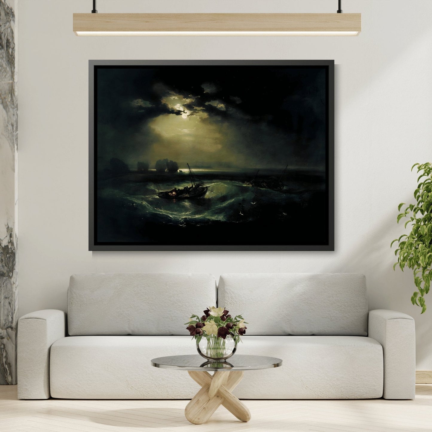 JMW Joseph Mallord William Turner Fishermen at Sea - Framed Canvas Wall Art Print in Black Pinewood Frame