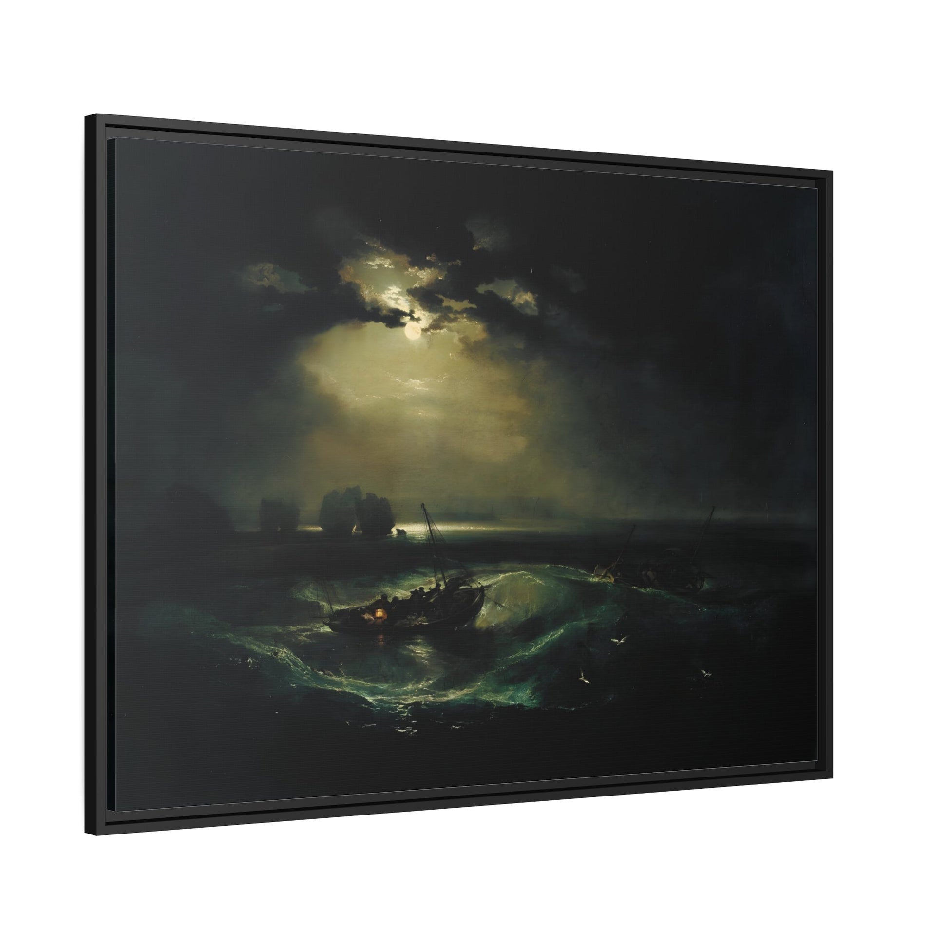 JMW Joseph Mallord William Turner Fishermen at Sea - Framed Canvas Wall Art Print in Black Pinewood Frame