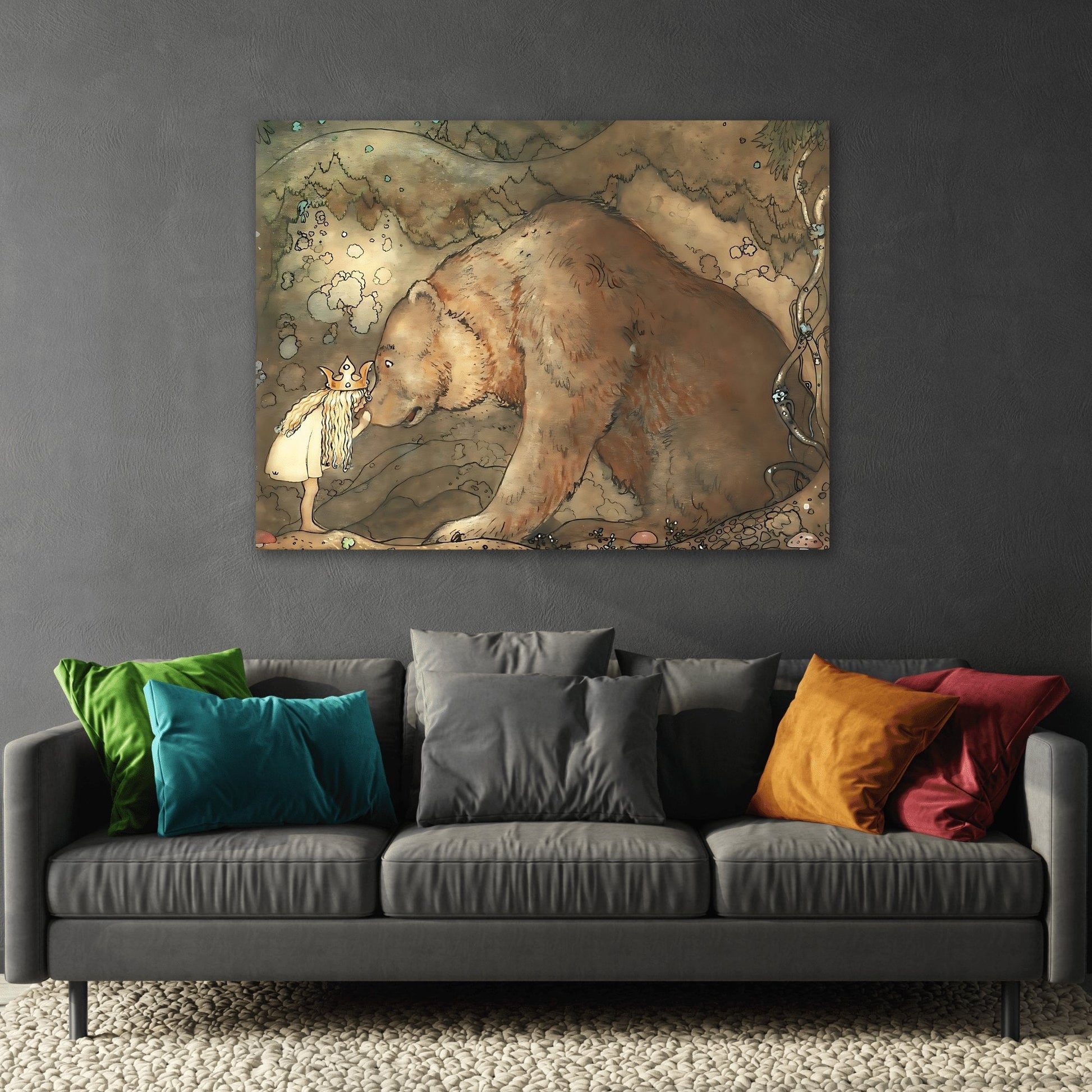 John Bauer Kissed Bear On The Nose - Fairytale Canvas Wall Art Print