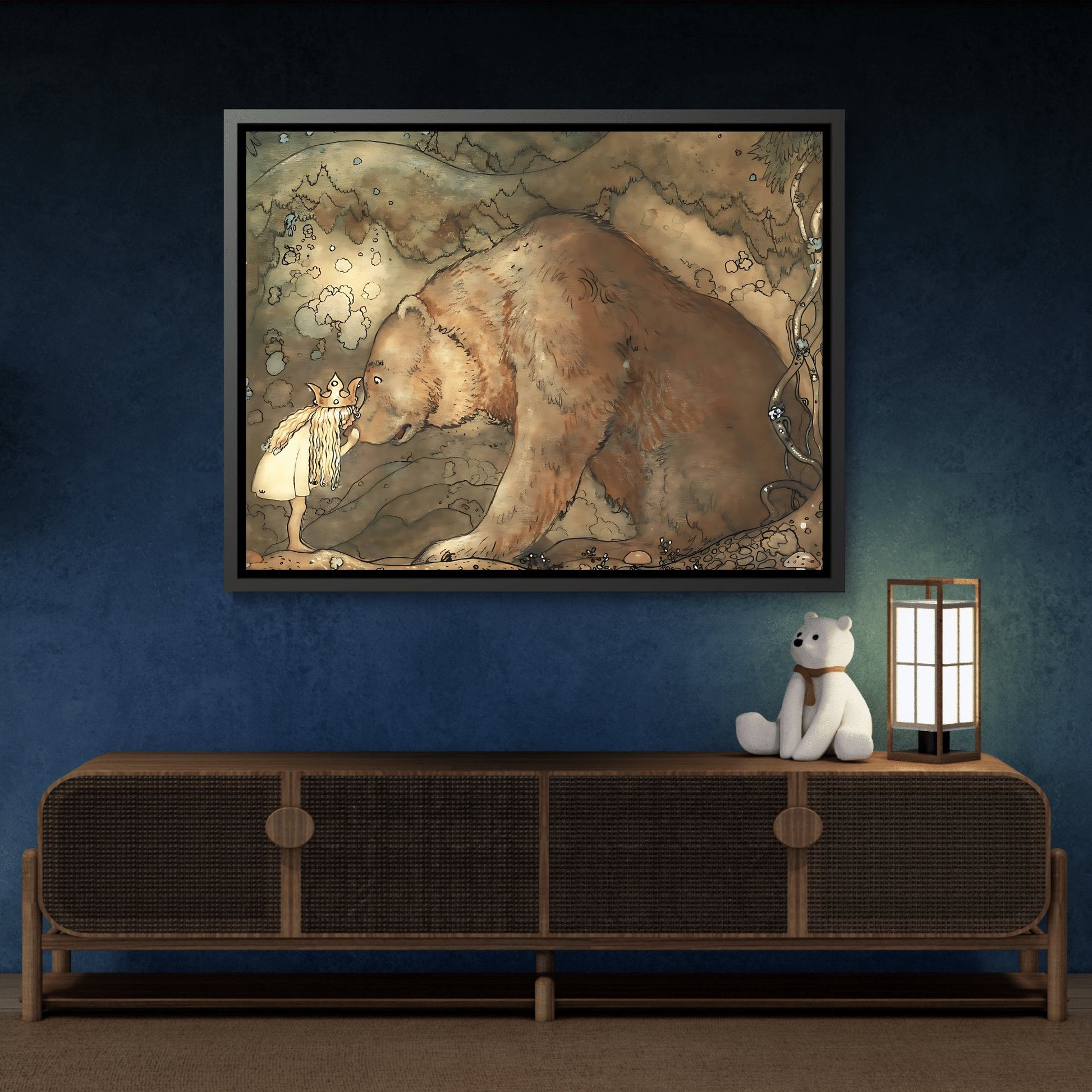 John Bauer Kissed Bear On The Nose - Framed Canvas Wall Art Print with Black Frame