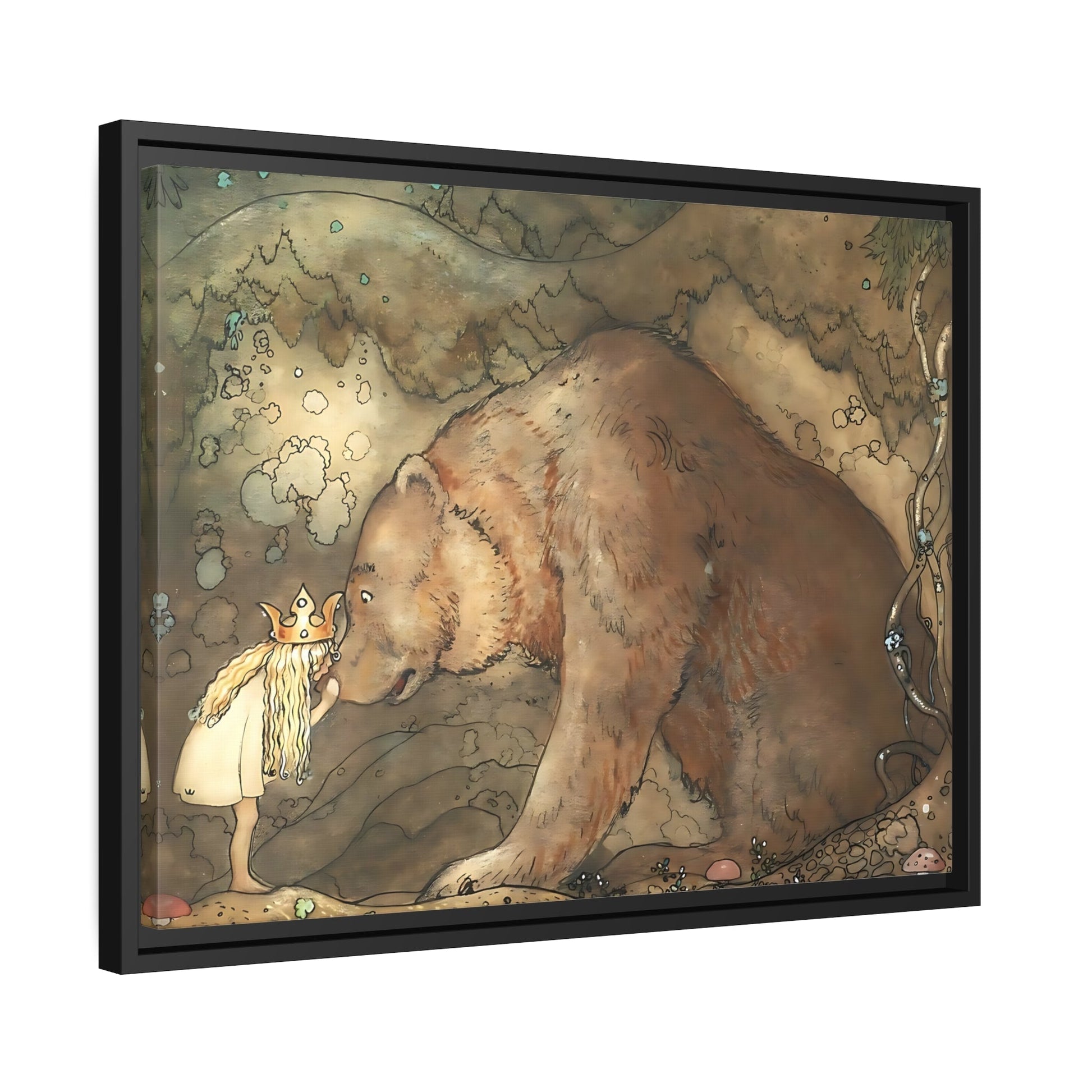 John Bauer Kissed Bear On The Nose - Framed Canvas Wall Art Print with Black Frame