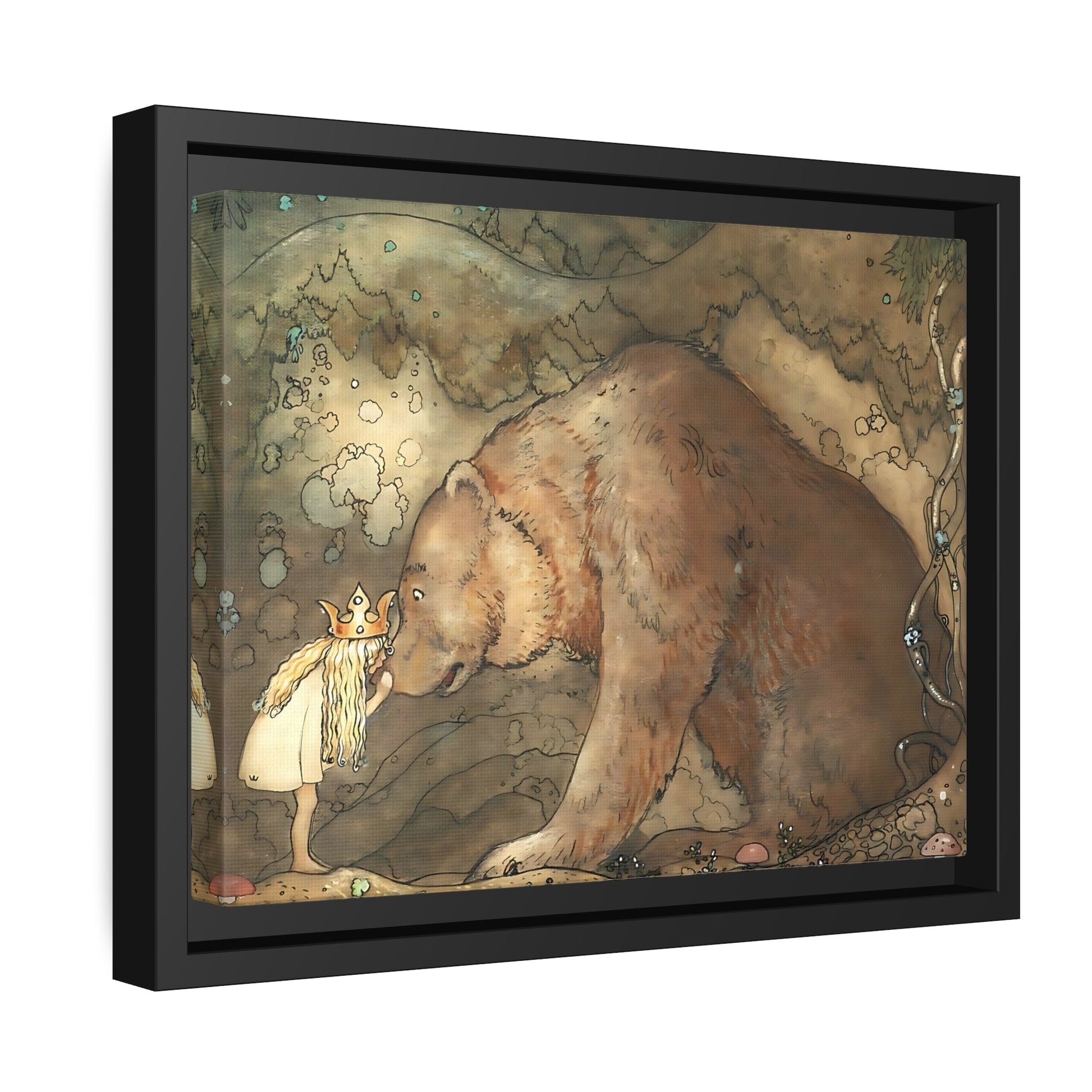 John Bauer Kissed Bear On The Nose - Framed Canvas Wall Art Print with Black Frame