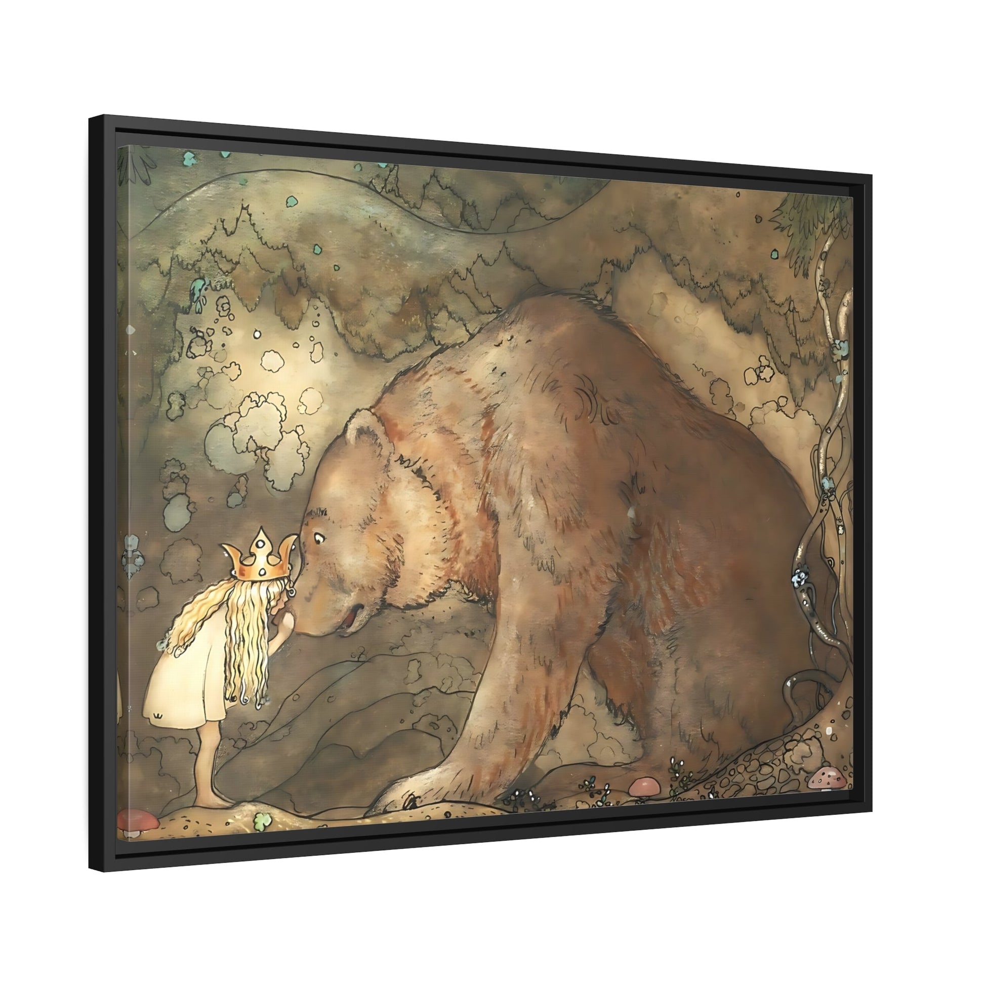 John Bauer Kissed Bear On The Nose - Framed Canvas Wall Art Print with Black Frame